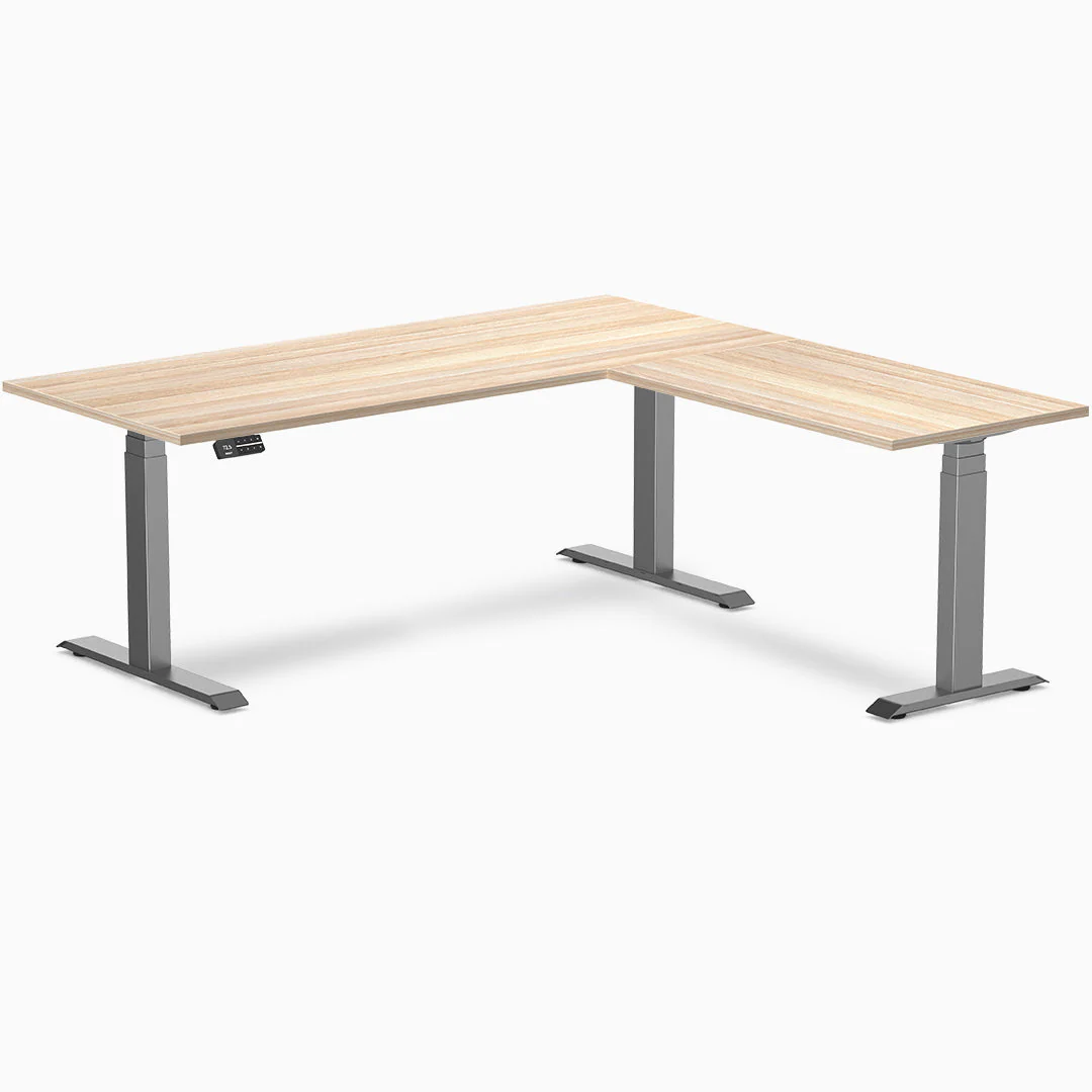 Desky Eco L-Shape Melamine Sit Stand Desk 180 x 175 cm Classic Oak Top and Space Grey Leg - Image 3