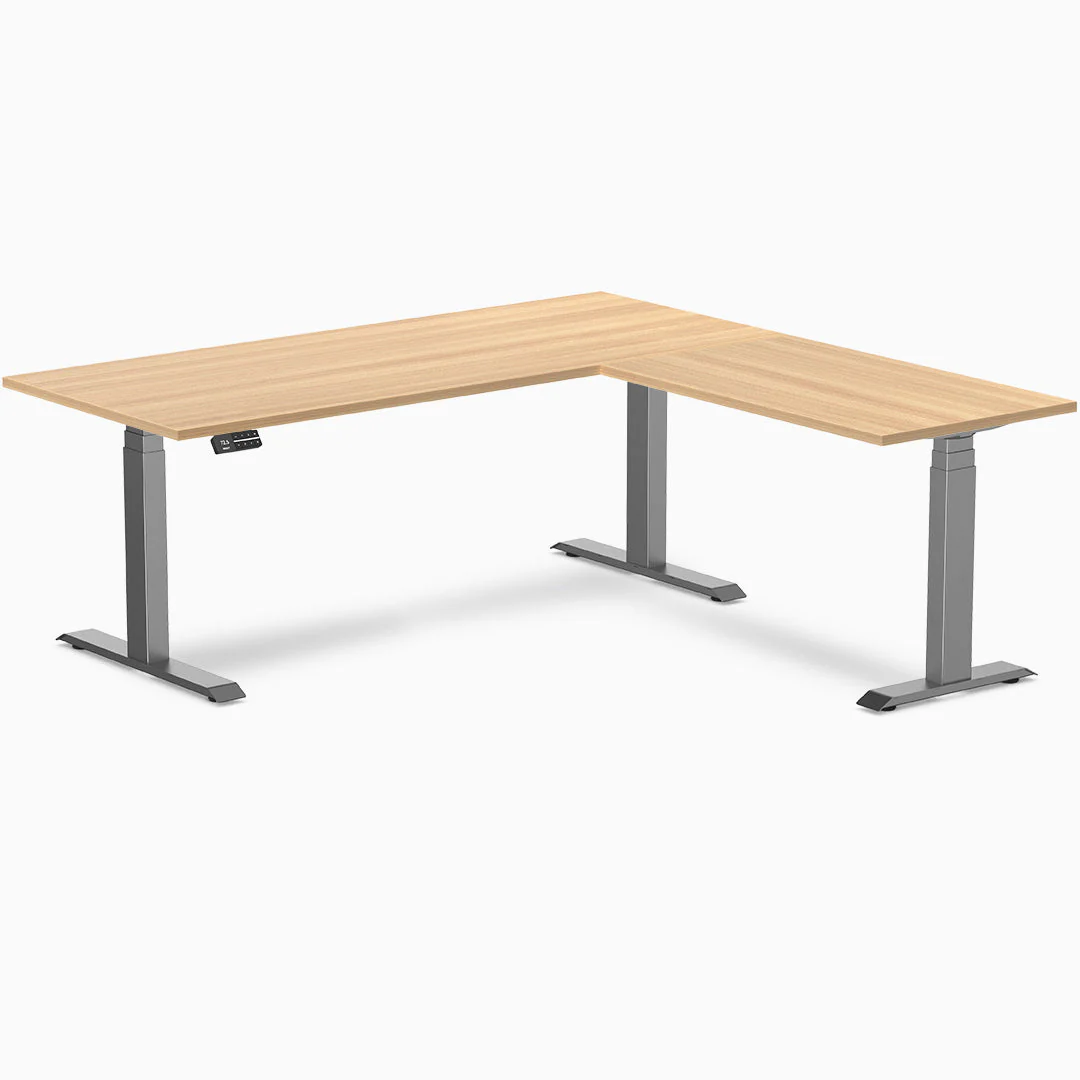 Desky Eco L-Shape Melamine Sit Stand Desk 180 x 175 cm Sublime Teak Top and Space Grey Leg - Image 2