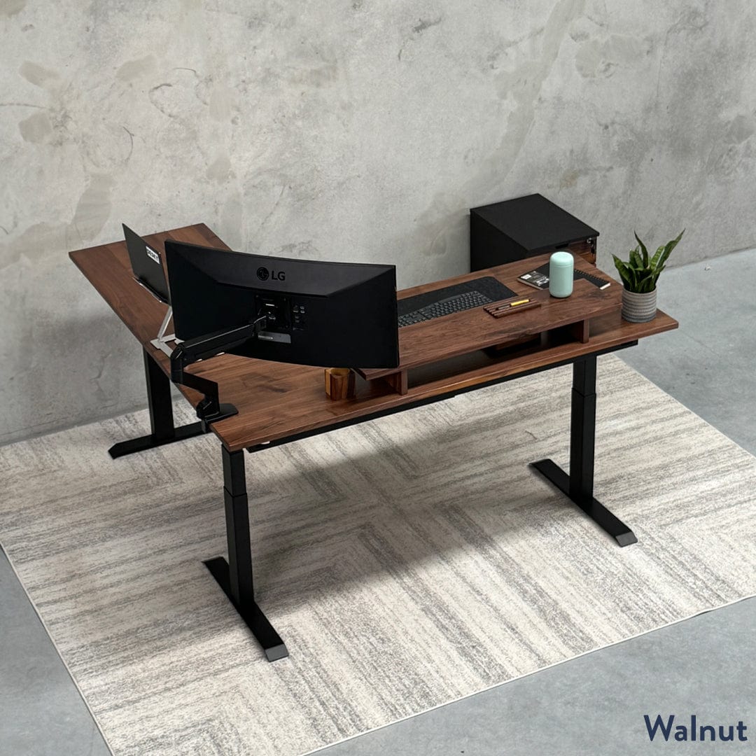 Desky Hardwood L-Shape Sit Stand Desk 150 x 155 cm Maple / Space Grey Top and Space Grey Leg - Image 2