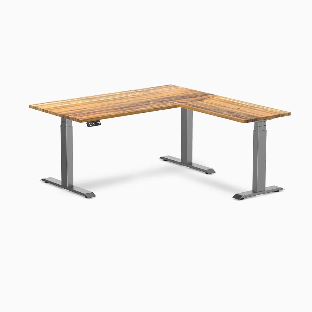 Desky Hardwood L-Shape Sit Stand Desk 150x155cm Teak and Space Grey Leg - Image 3