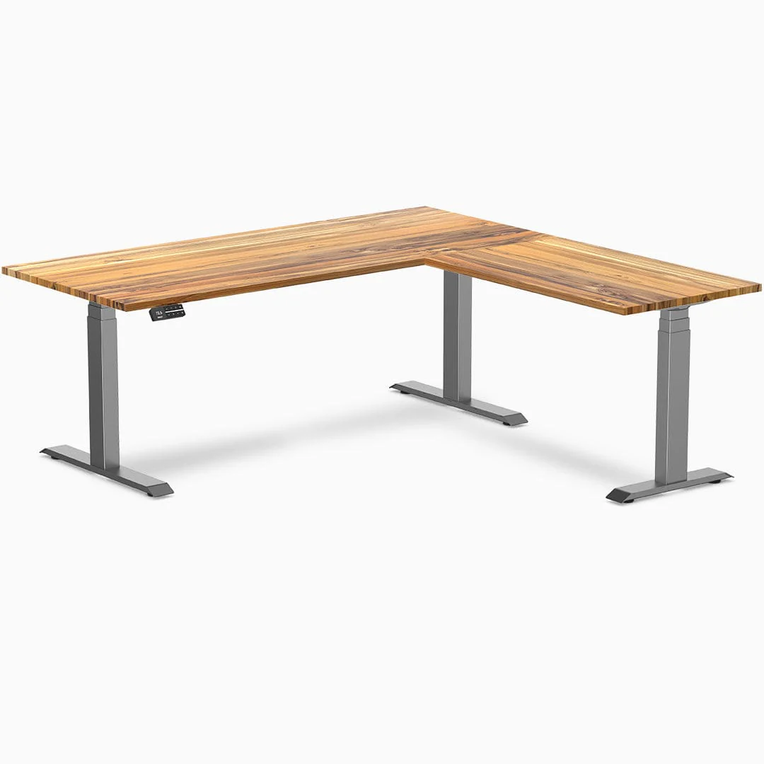 Desky Hardwood L-Shape Sit Stand Desk 180x175cm Teak and Space Grey Leg - Image 3