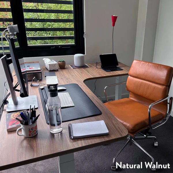 Desky L-Shape Melamine Sit Stand Desk 160cm - Left Return Natural Walnut Top and Matte Black Leg - Image 2