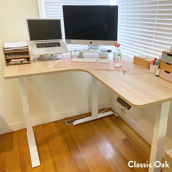 Desky L-Shape Melamine Sit Stand Desk 180cm - Left Return Classic Oak Top and Matte Black Leg - Image 2