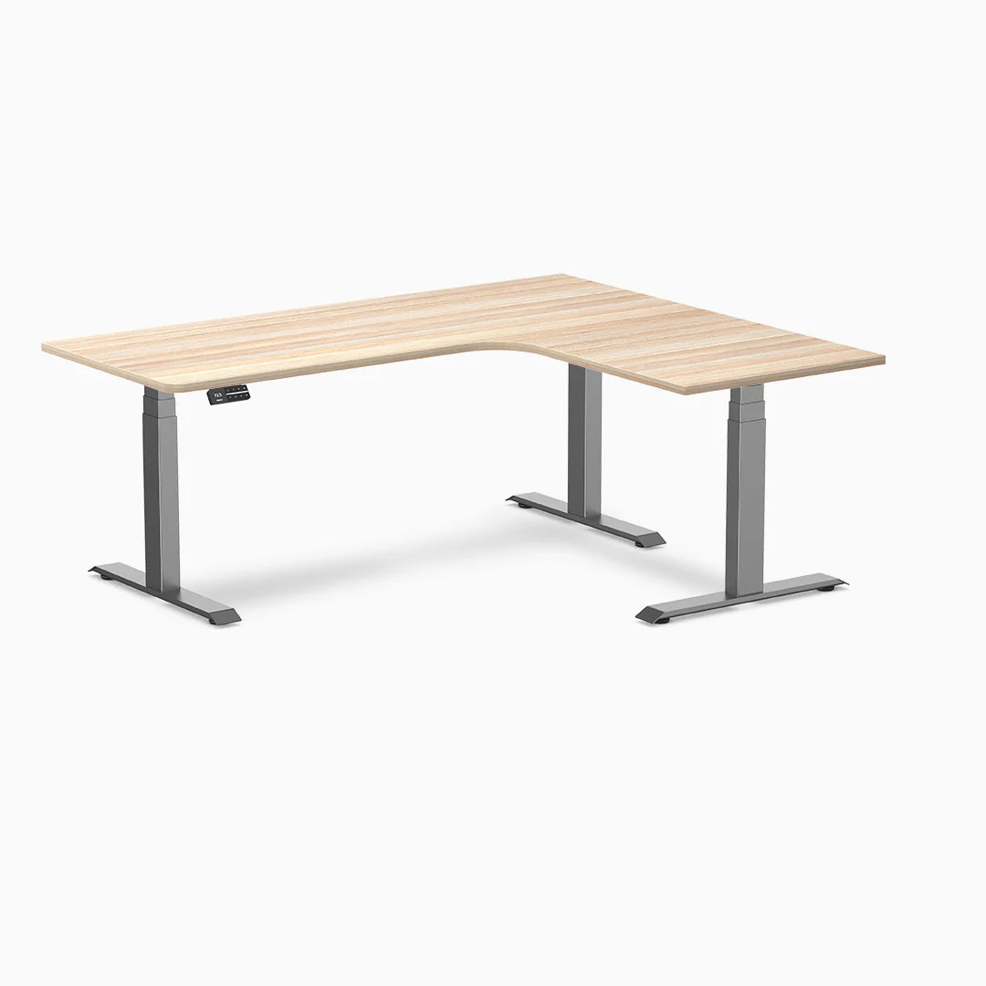 Desky L-Shape Melamine Sit Stand Desk 180cm - Left Return Classic Oak Top and Space Grey Leg - Image 3