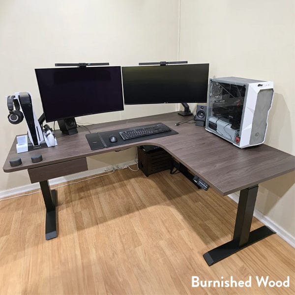 Desky L-Shape Melamine Sit Stand Desk 200cm - Left Return Burnished Wood Top and Matte Black Leg - Image 2