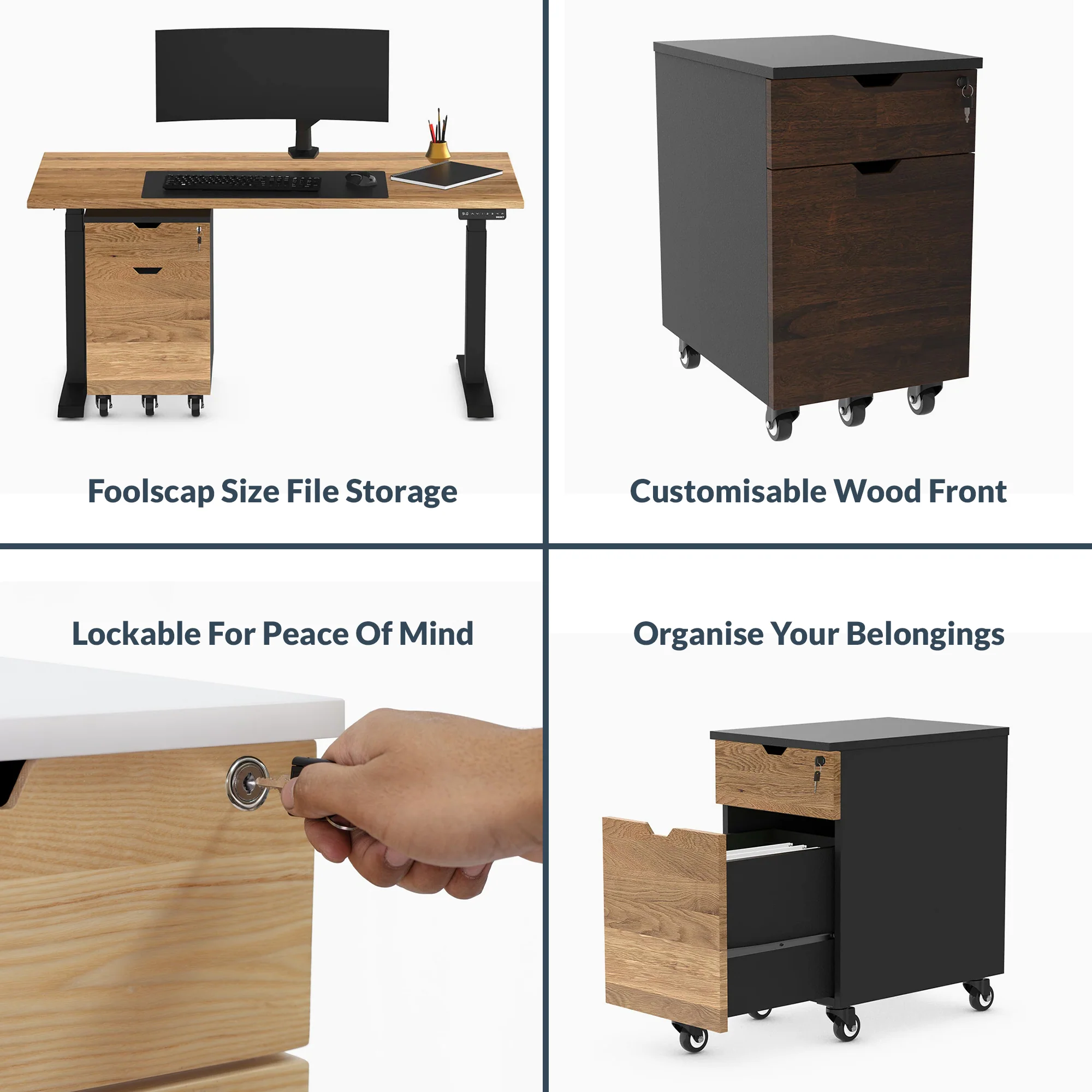 Desky Minimal Wooden Filing Cabinet - Black / Melamine White - Image 2