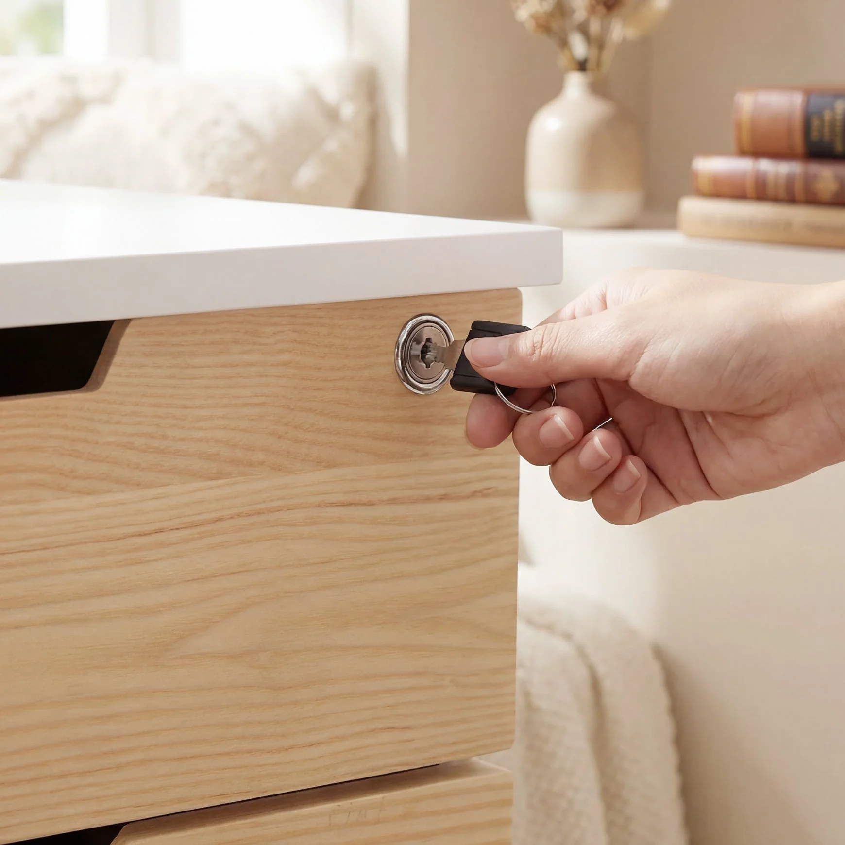 Desky Minimal Wooden Filing Cabinet - White / Melamine Natural Walnut - Image 9