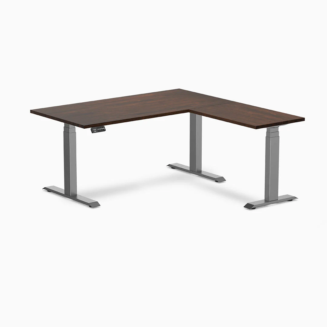 Desky Rubberwood L-Shape Sit Stand Desk 150 x 155 cm Dark Walnut Top and Space Grey Leg - Image 3