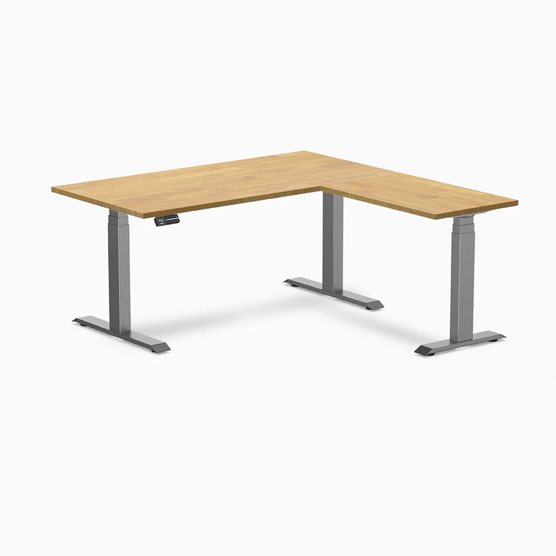 Desky Rubberwood L-Shape Sit Stand Desk 150 x 155 cm Light Oak Top and Space Grey Leg - Image 3