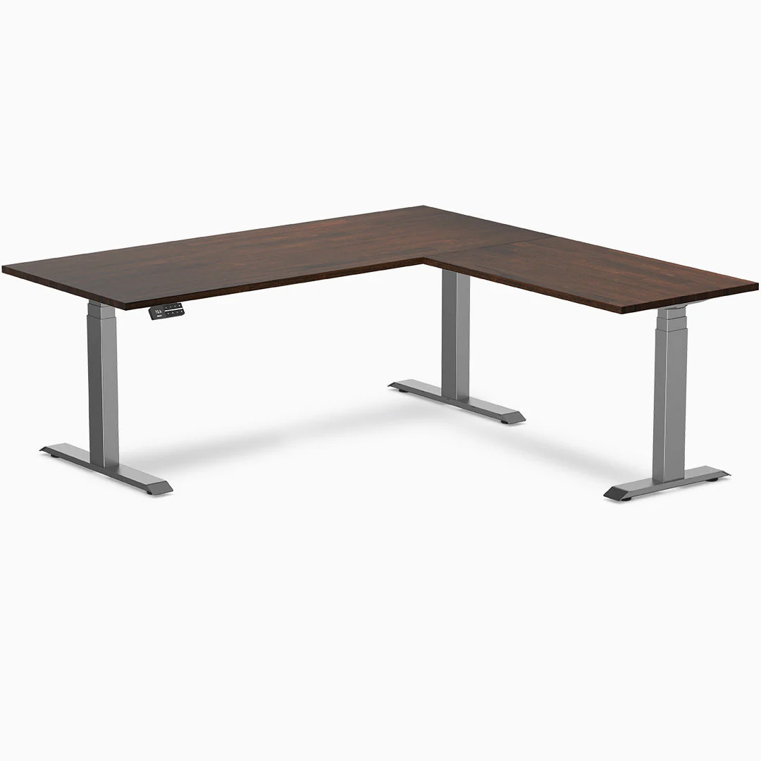 Desky Rubberwood L-Shape Sit Stand Desk 180 x 175 cm Dark Walnut Top and Space Grey Leg - Image 3