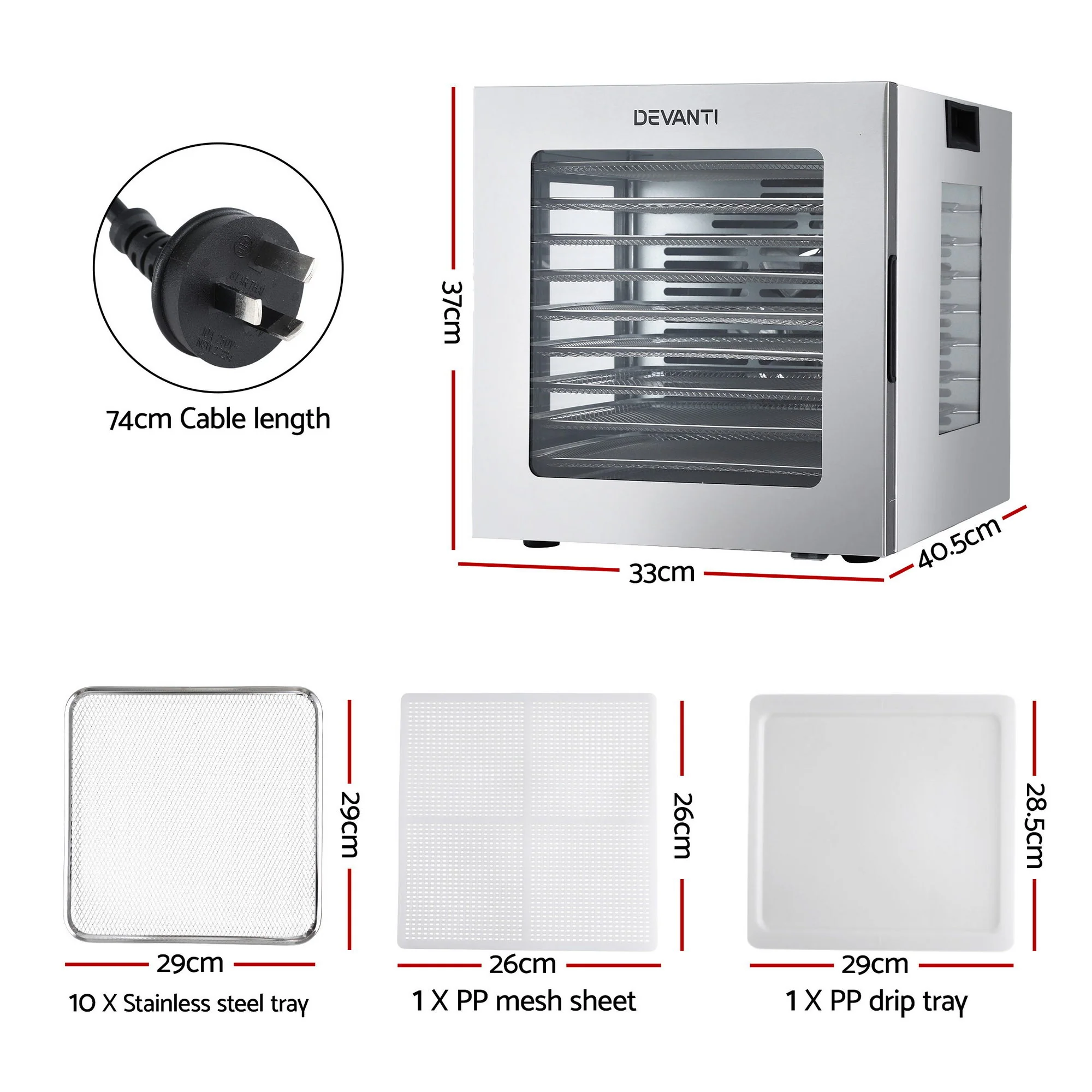 Devanti 10 Trays Food Dehydrator Stainless Steel Visible Glass Door 850W - Image 2