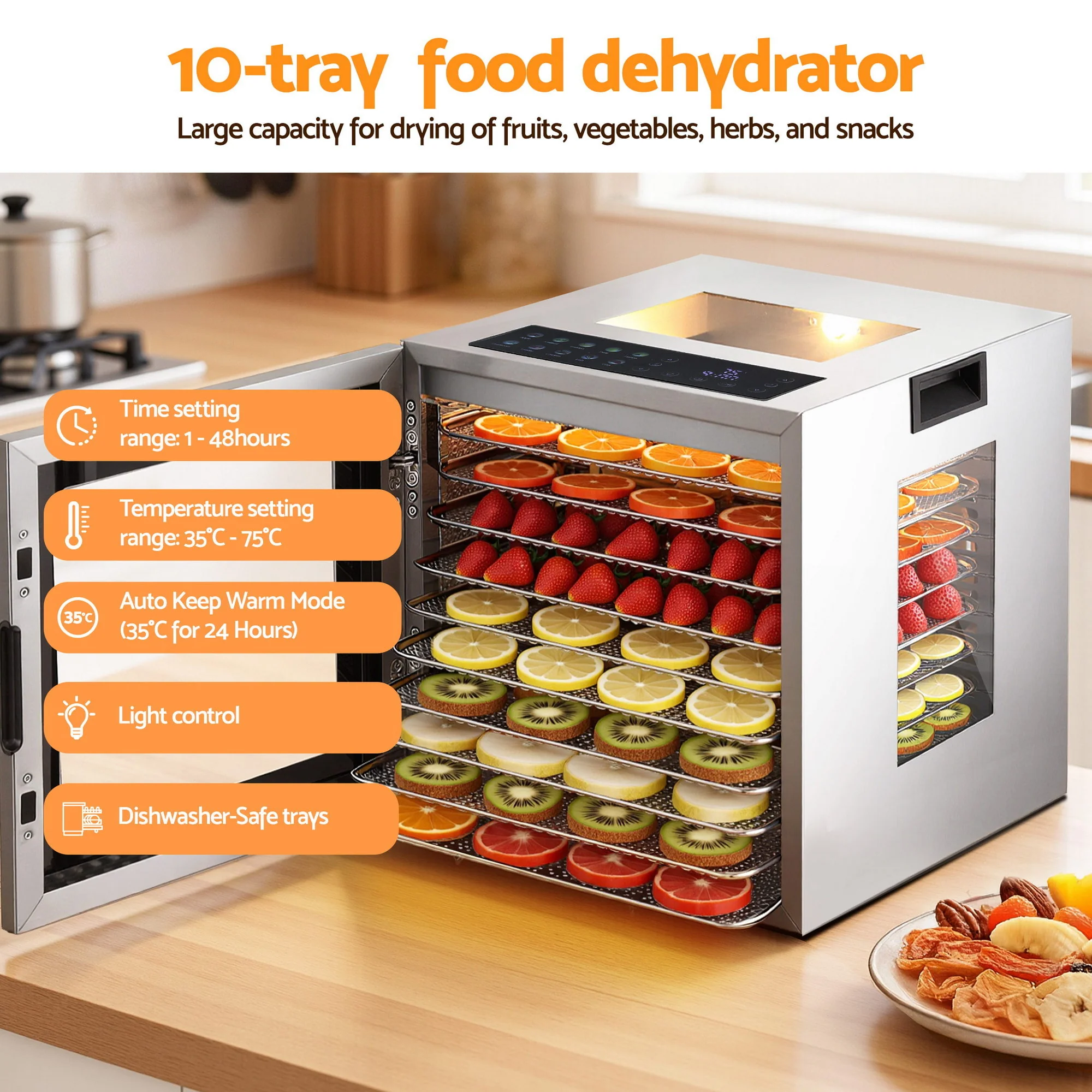 Devanti 10 Trays Food Dehydrator Stainless Steel Visible Glass Door 850W - Image 4