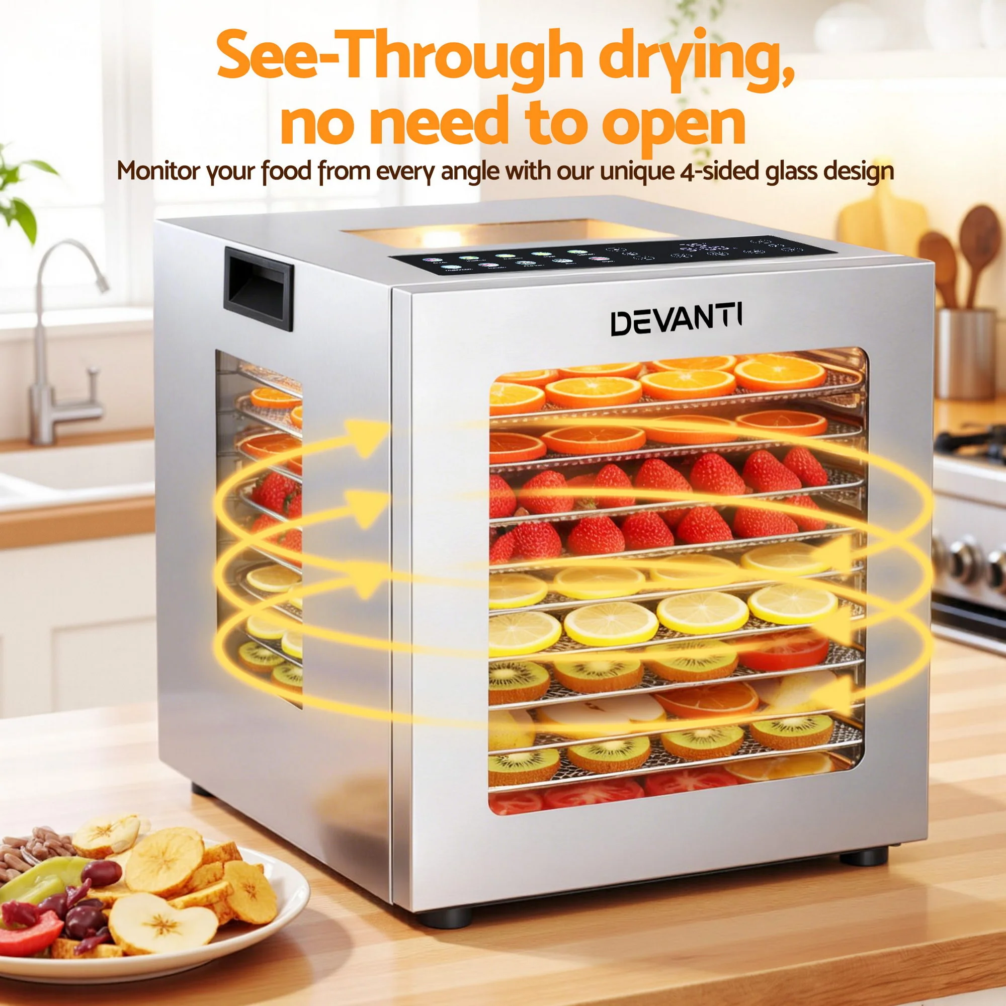 Devanti 10 Trays Food Dehydrator Stainless Steel Visible Glass Door 850W - Image 5