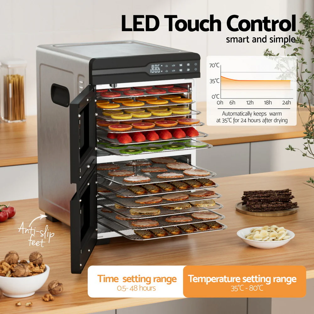 Devanti 12 Trays Food Dehydrator Dual-Zone Stainless Steel Fruit Jerky Dryer - Image 5