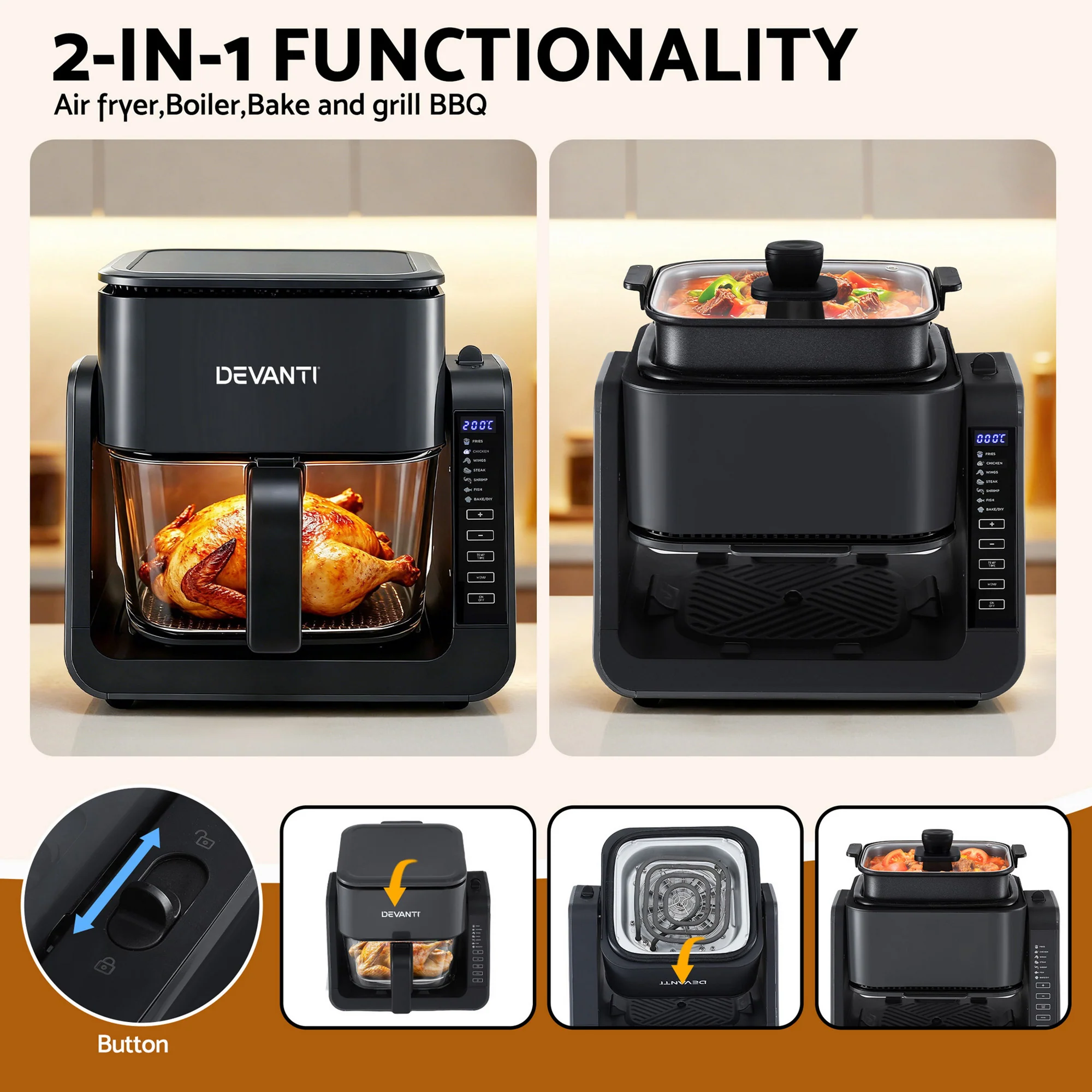 Devanti 2-IN-1 Air Fryer 5.5L Dual Zone Fryers Electric Cooker with Top BBQ Grill & Bot - Image 4
