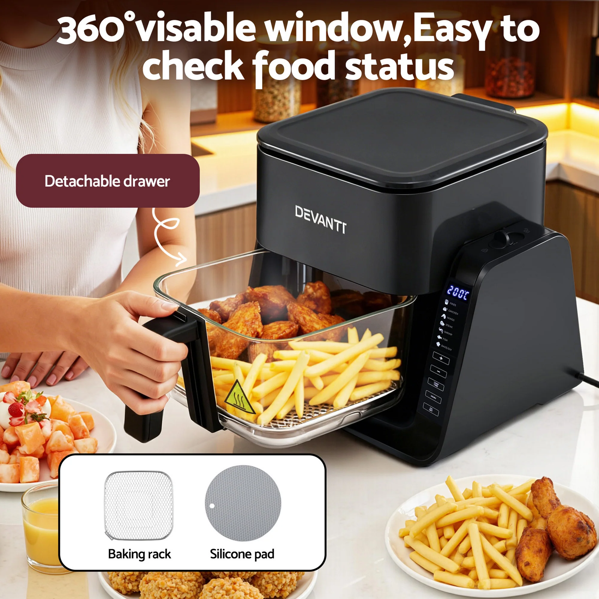 Devanti 2-IN-1 Air Fryer 5.5L Dual Zone Fryers Electric Cooker with Top BBQ Grill & Bot - Image 5