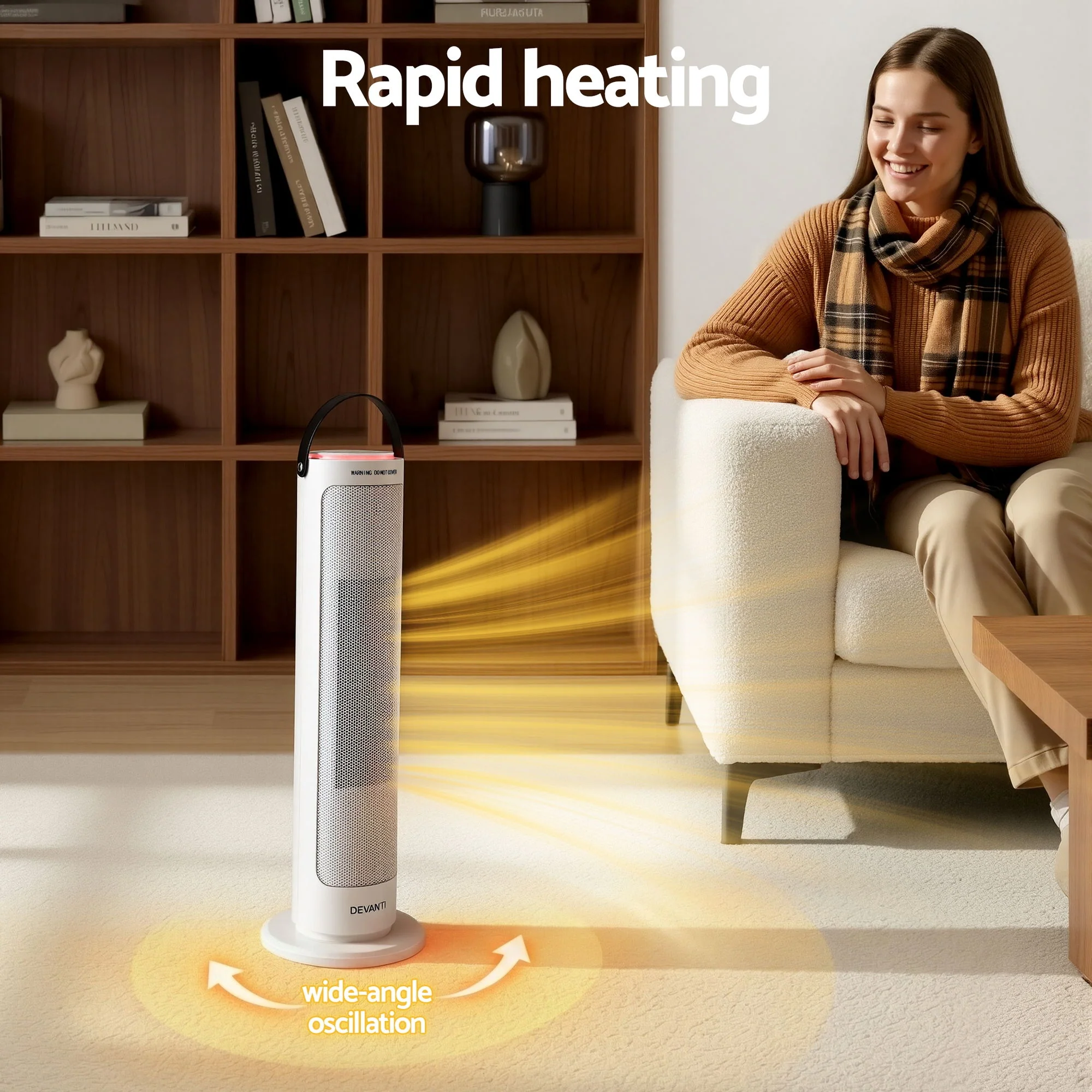 Devanti 2000W Ceramic Tower Heater Space Heaters Oscillating Indoor White - Image 5