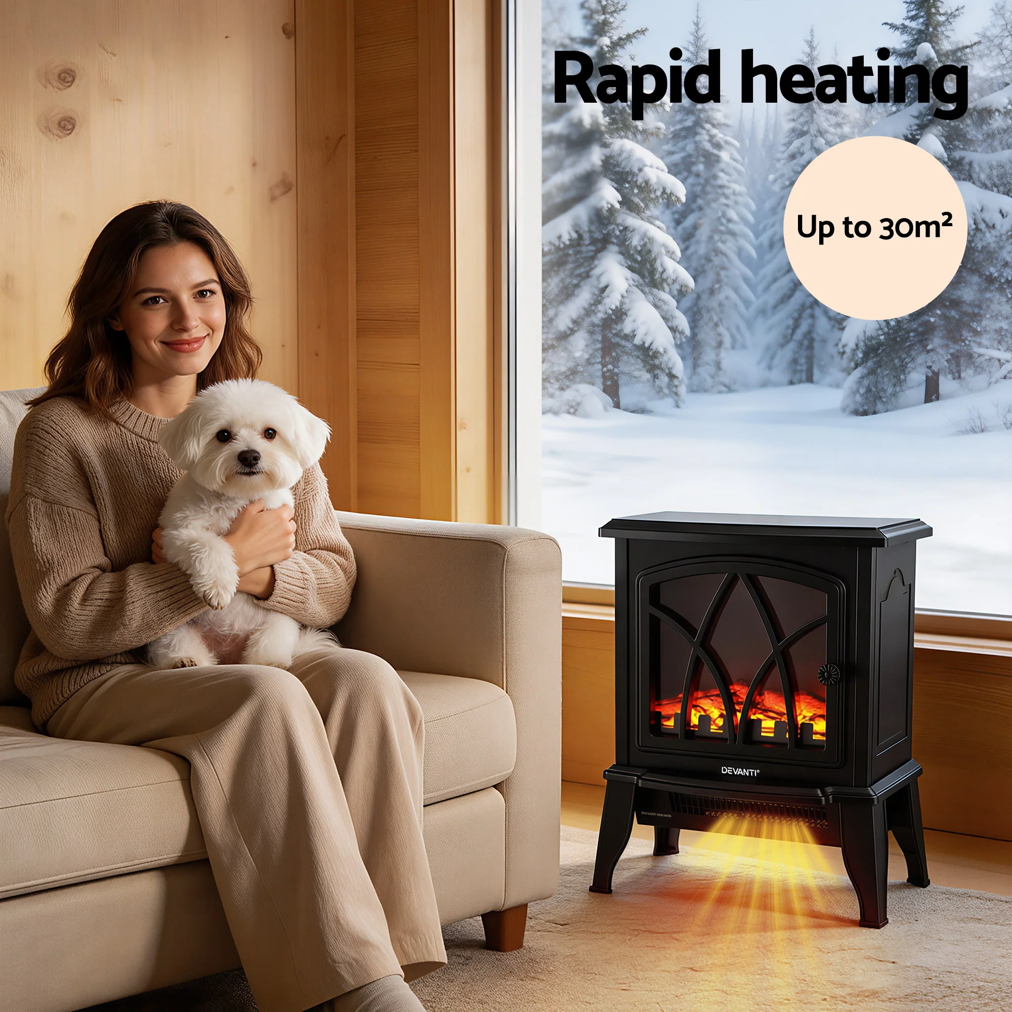 Devanti 2000W Electric Fireplace Heater Stove Freestanding 3D Flame Effect Indoor Space Heaters - Image 4
