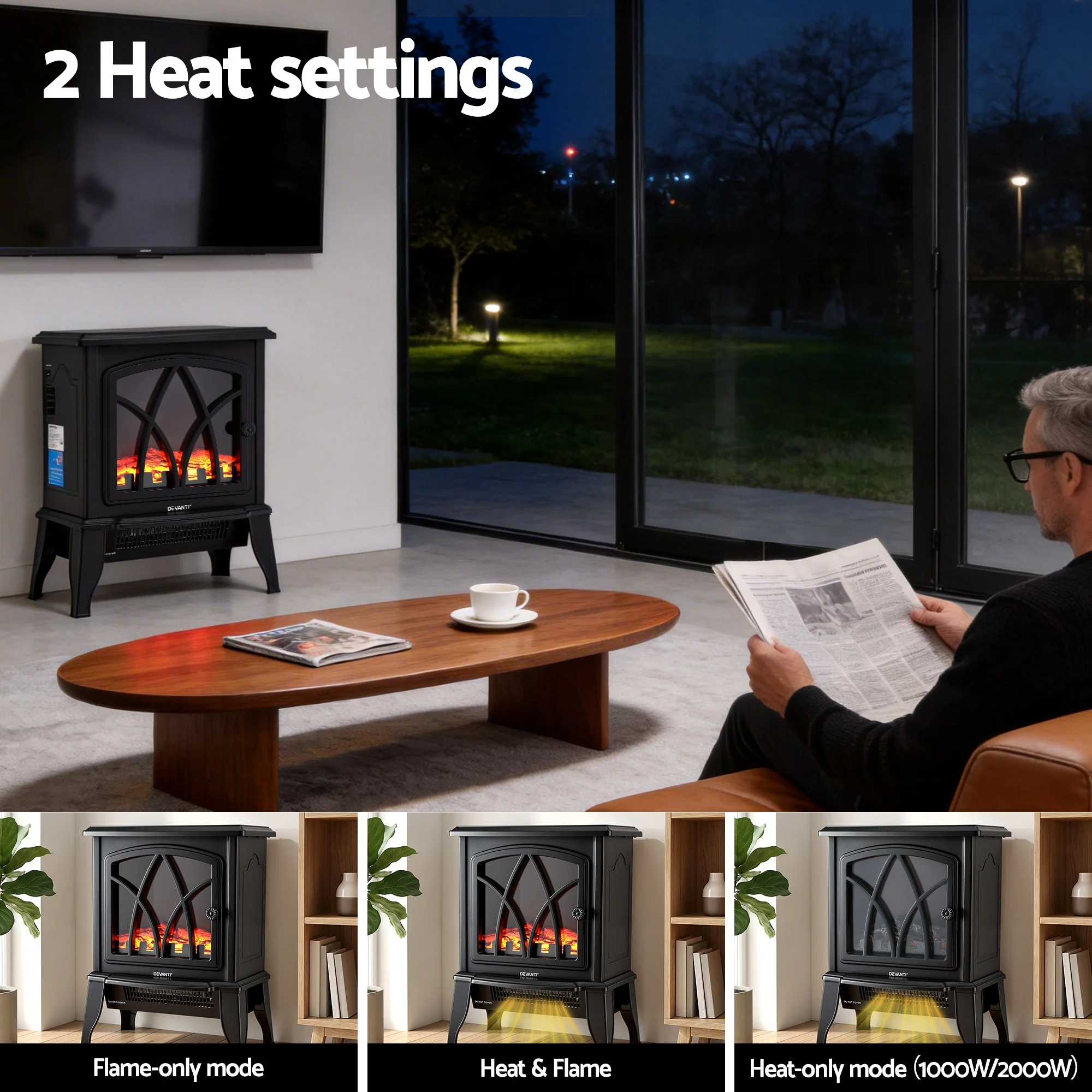 Devanti 2000W Electric Fireplace Heater Stove Freestanding 3D Flame Effect Indoor Space Heaters - Image 6