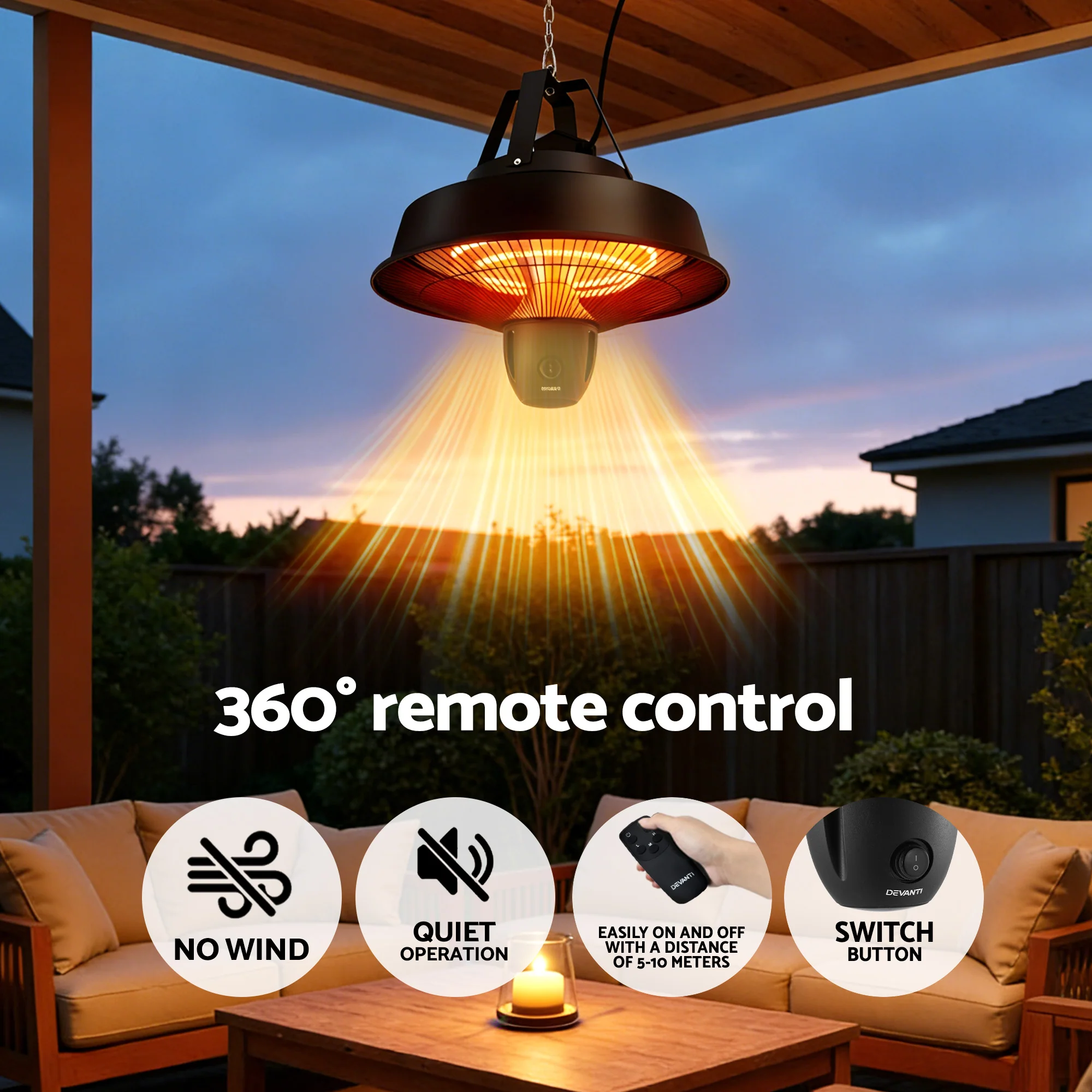 Devanti 2000W Electric Patio Heater Ceiling Mounted Hanging Heaters Remote - Image 4