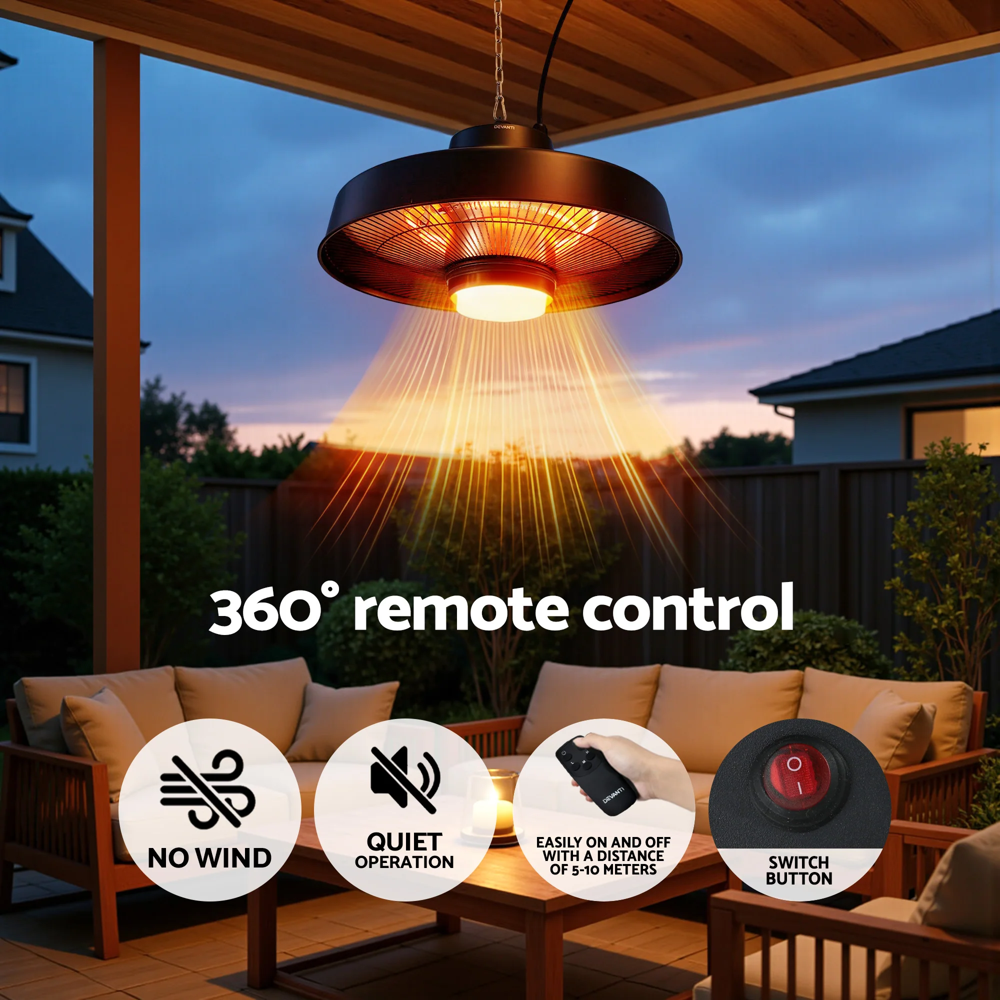 Devanti 2000W Outdoor Electric Patio Heater Ceiling Mount with LED Light Remote - Image 4