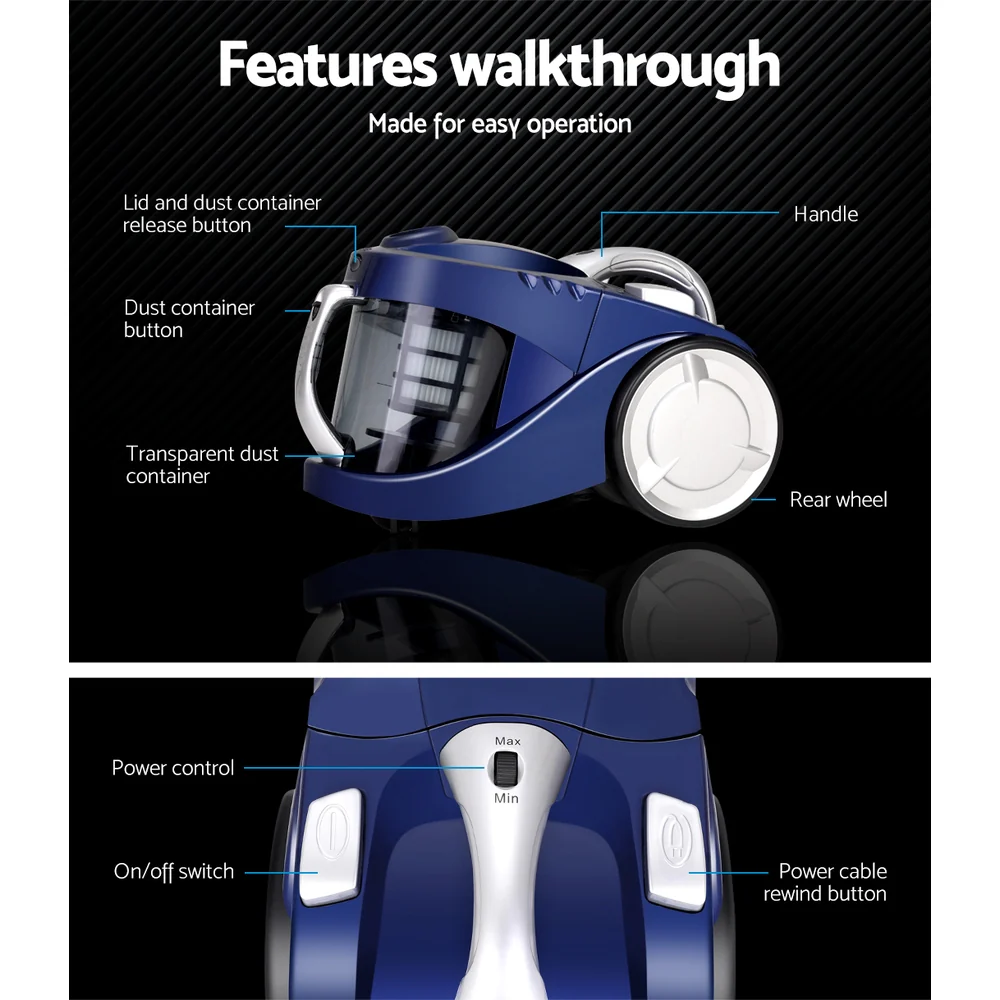 Devanti 2200W Multi-cyclonic Bagless Vacuum Cleaner Pet Hair (Blue) - Image 4