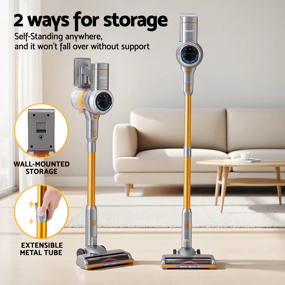 Devanti 300W Stick Vacuum Cleaner Cordless Self-Standing (Golden) - Image 6