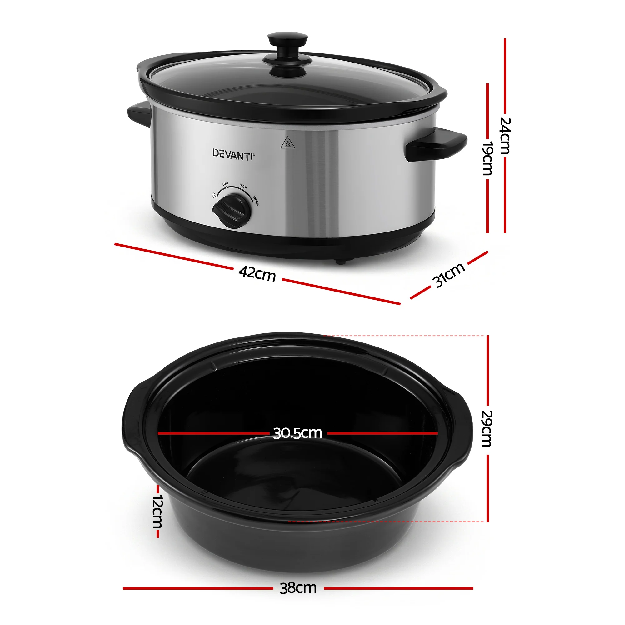 Devanti 6.5L Slow Cooker Electric Multi Cooker with 3 Heat Settings and Keep Warm Function - Image 3