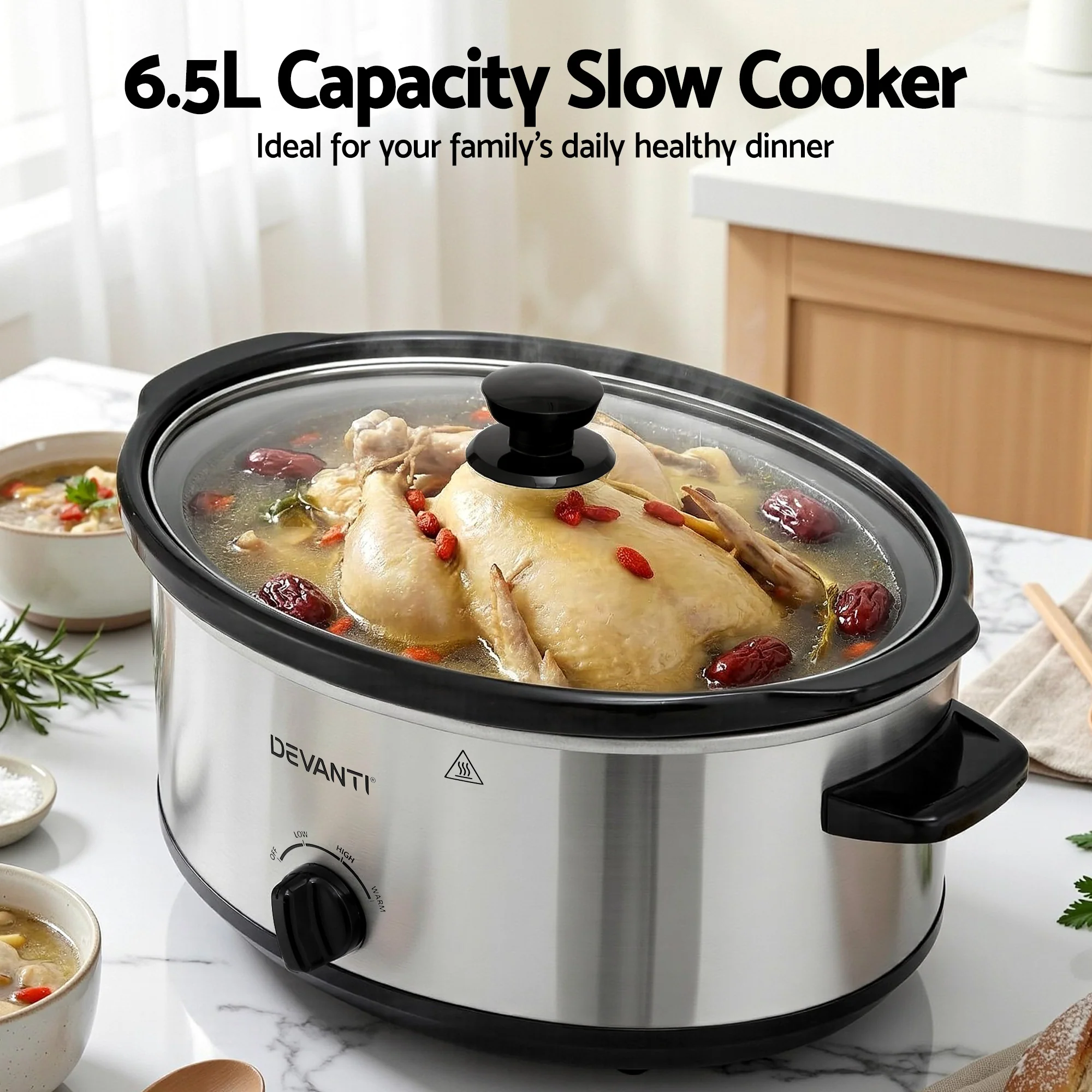 Devanti 6.5L Slow Cooker Electric Multi Cooker with 3 Heat Settings and Keep Warm Function - Image 6