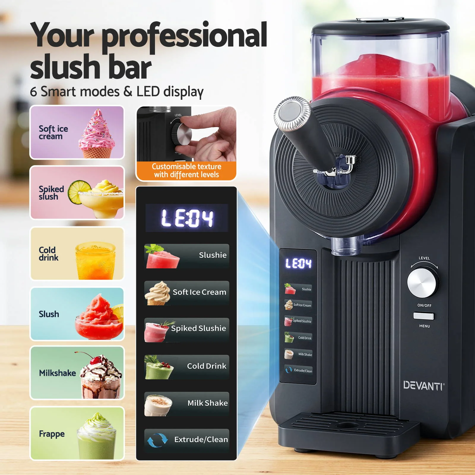 Devanti 6in1 Slushie Machine Ice Cream Maker 2L Frozen Smoothies Milkshakes (Black) - Image 7