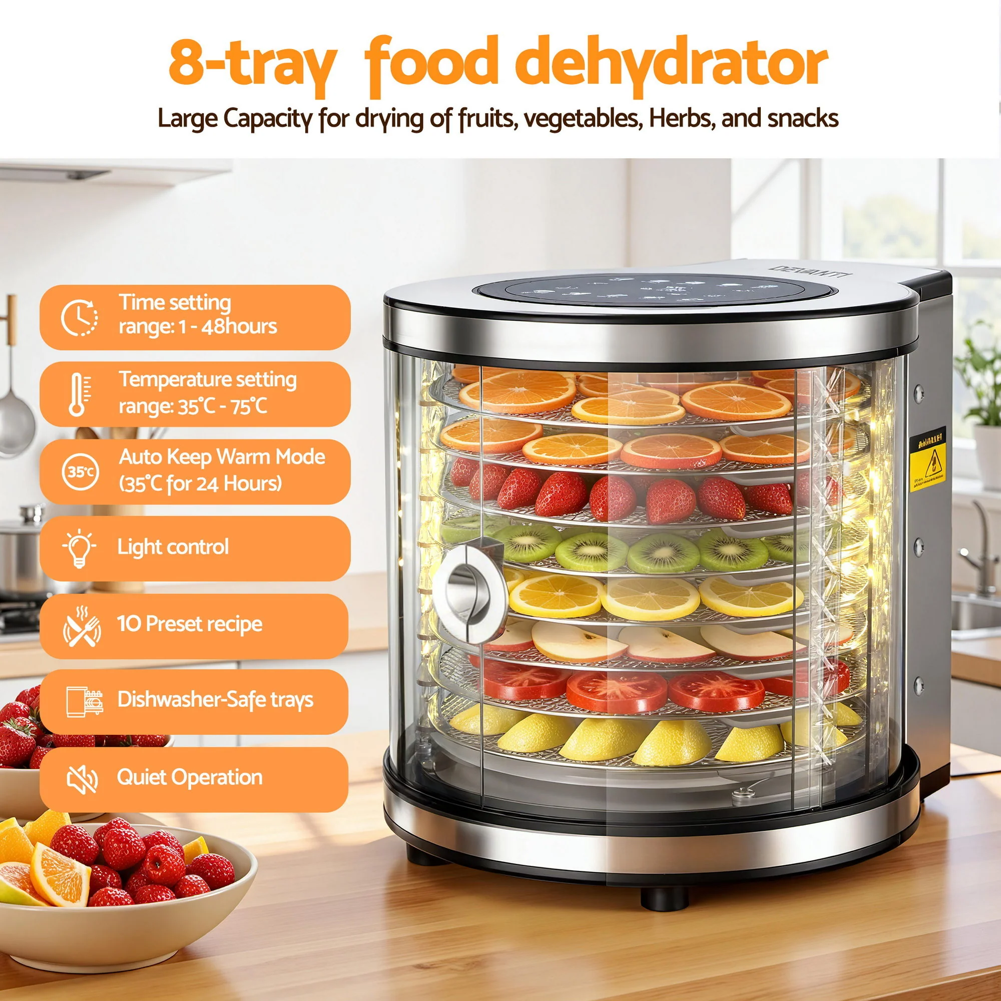 Devanti 8 Trays Food Dehydrator Stainless Steel Auto-Rotate 10 Programs 700W - Image 4