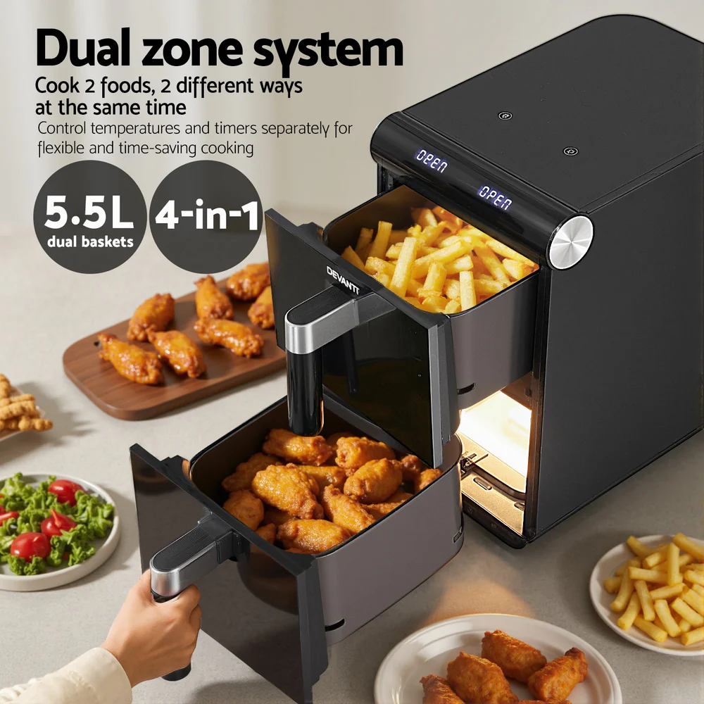 Devanti Air Fryer Oven 11L Dual Zone Fryers (Black) - Image 5