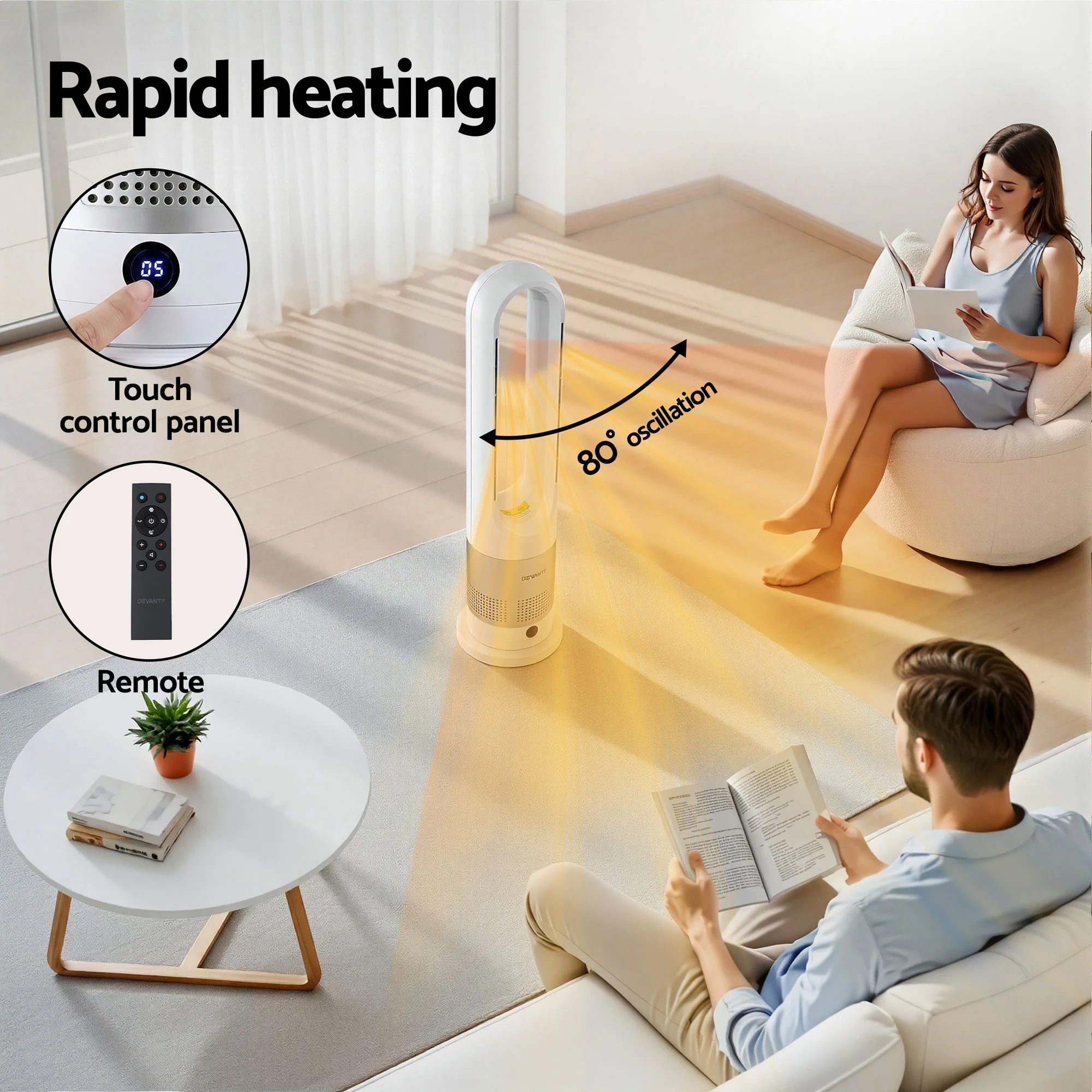 Devanti Bladeless Tower Fan Heater and Cooler 2in1 Portable Oscillation Fan for Bedroom Room Office Use White - Image 4