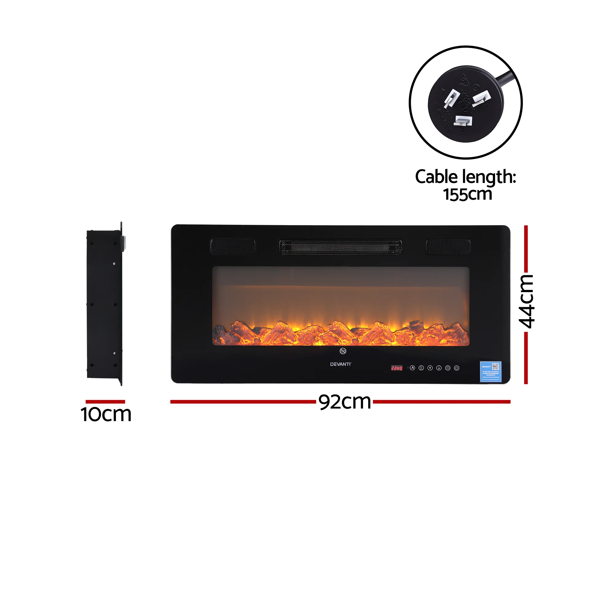 Devanti Electric Fireplace Fire Heater Wall Mounted Insert 3D Flame 1800W Remote Control - Image 2