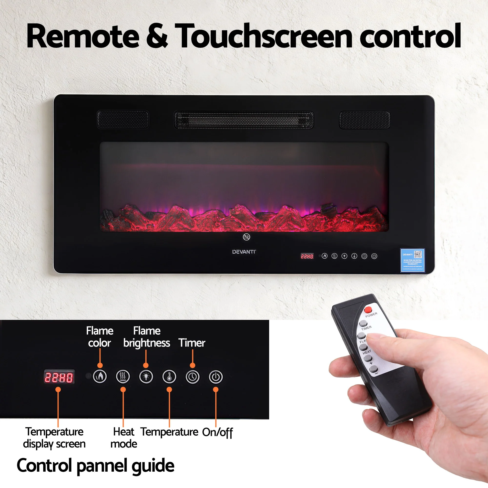Devanti Electric Fireplace Fire Heater Wall Mounted Insert 3D Flame 1800W Remote Control - Image 7