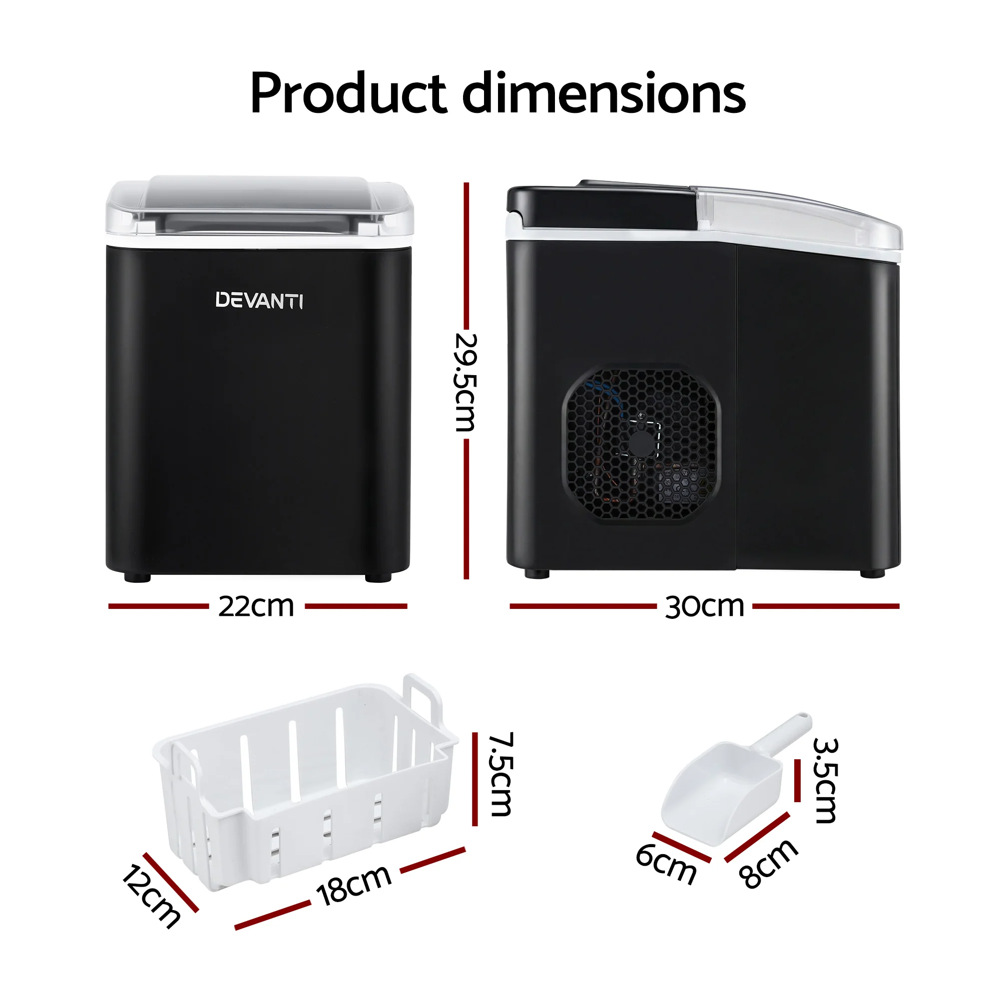 Devanti Ice Maker Machine Portable 12kg Countertop with Self-cleaning 1.2L (Black) - Image 2