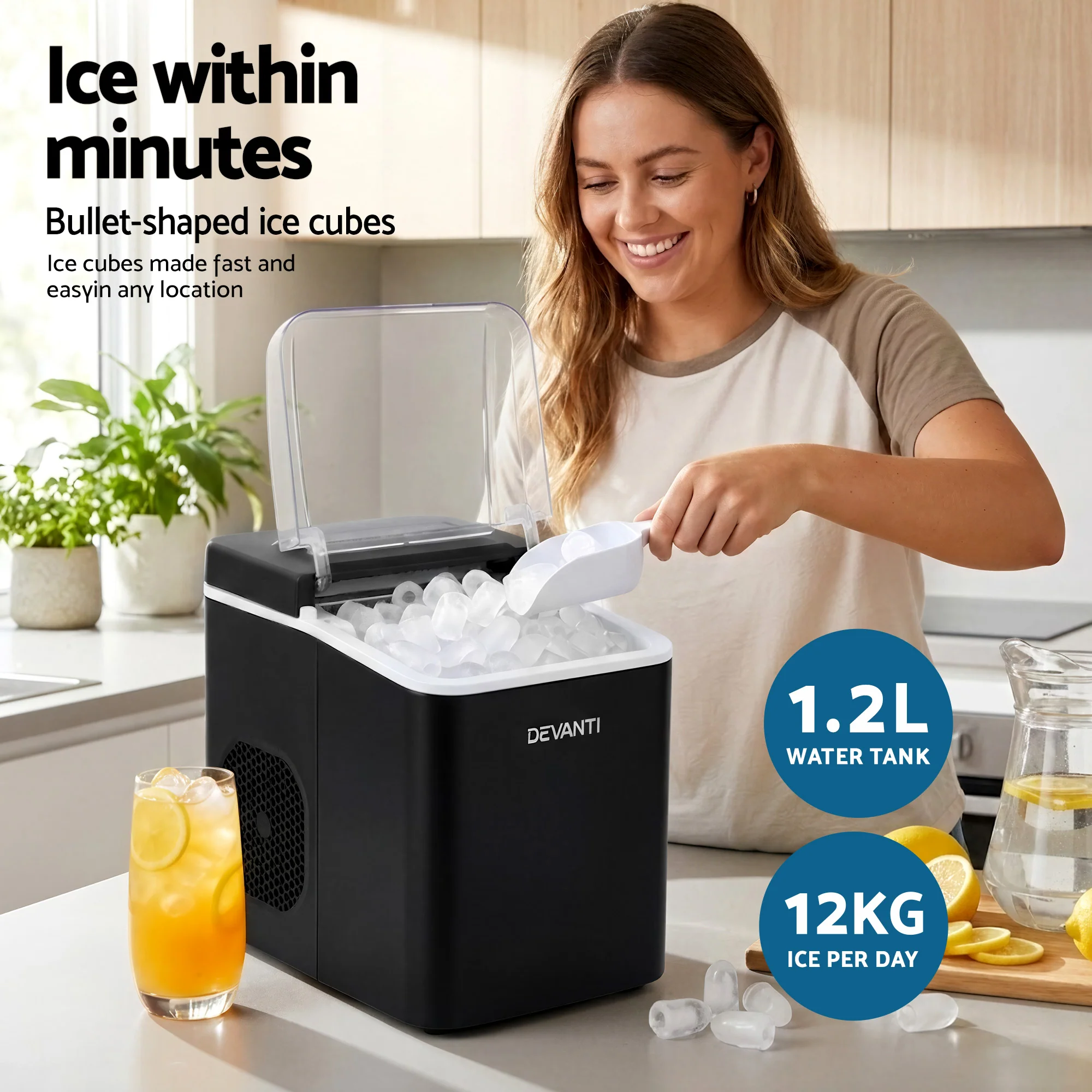 Devanti Ice Maker Machine Portable 12kg Countertop with Self-cleaning 1.2L (Black) - Image 4