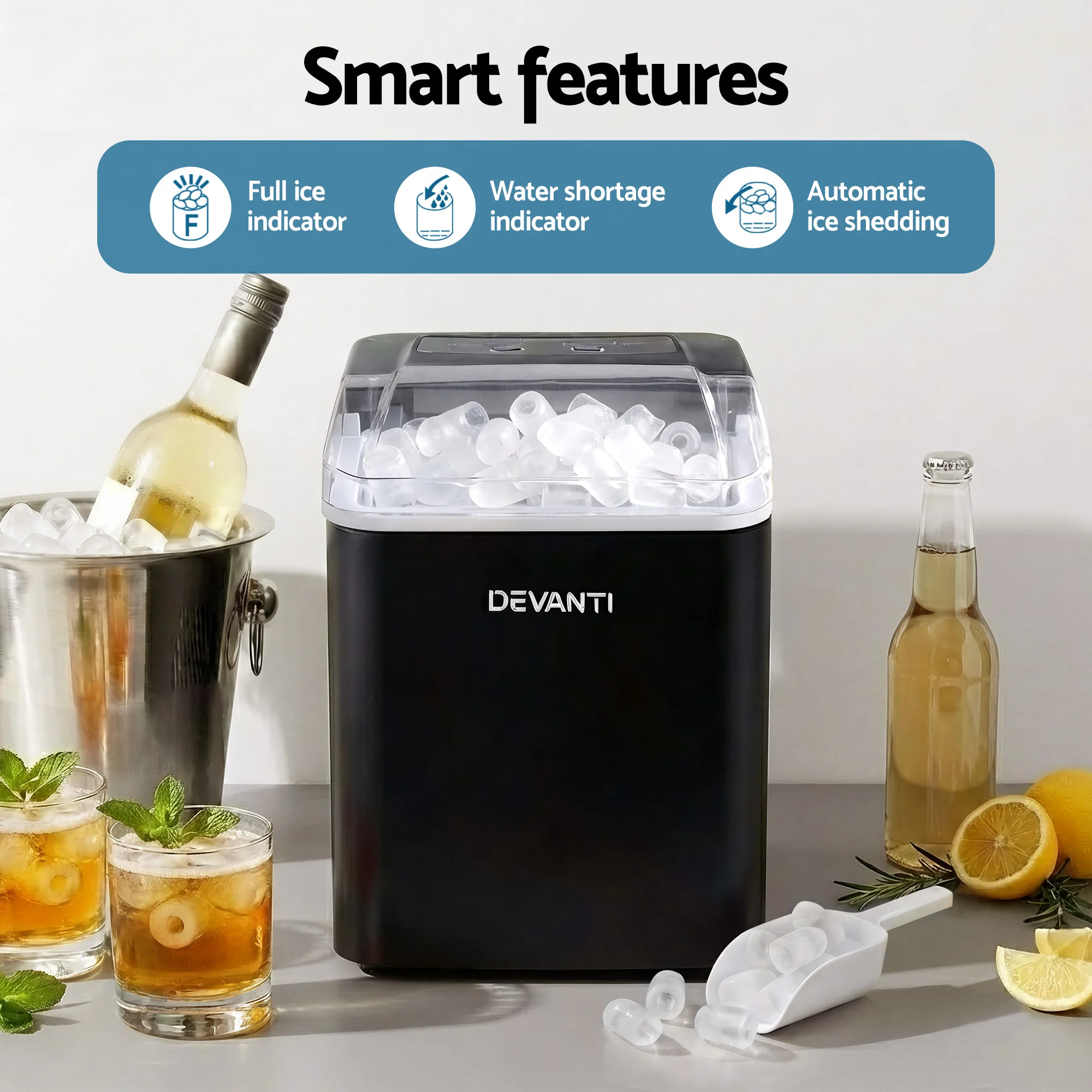 Devanti Ice Maker Machine Portable 12kg Countertop with Self-cleaning 1.2L (Black) - Image 5