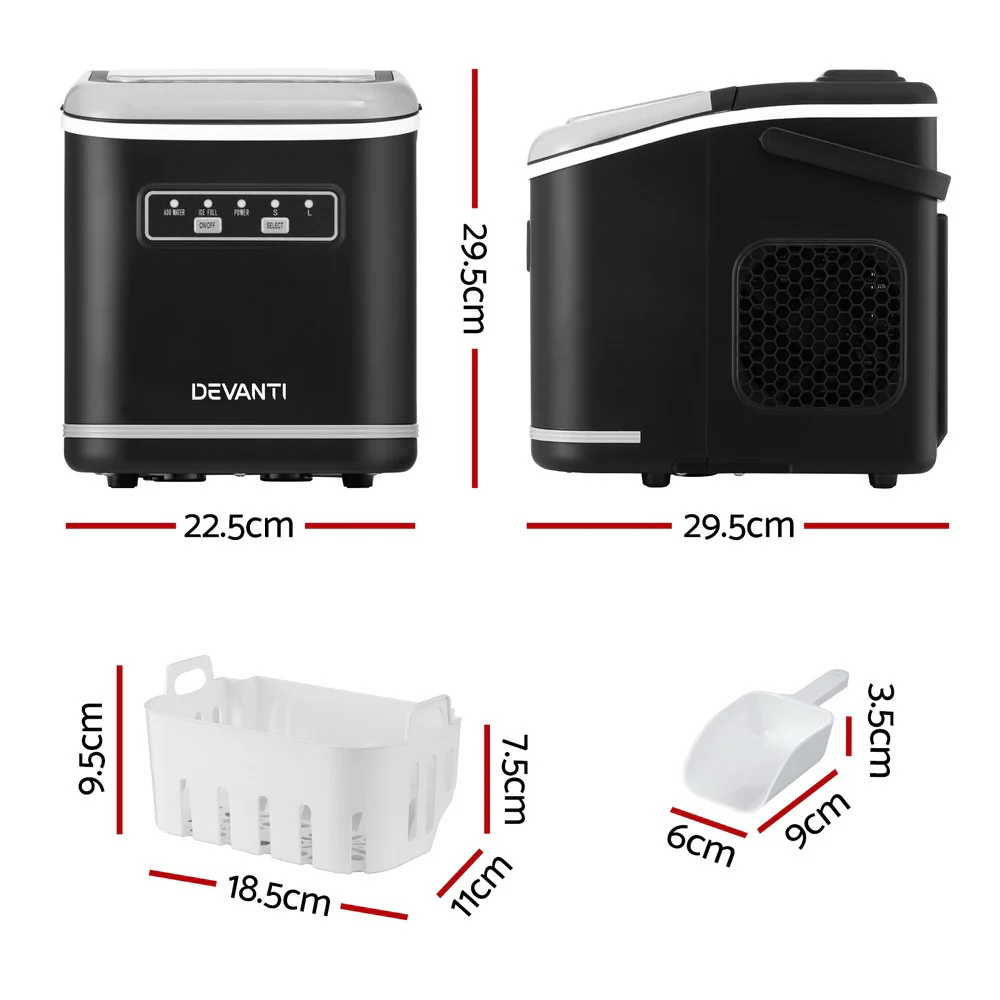 Devanti Ice Maker Machine Portable 12kg Countertop with Self-cleaning 1.3L (Black) - Image 2