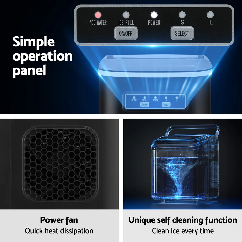 Devanti Ice Maker Machine Portable 12kg Countertop with Self-cleaning 1.3L (Black) - Image 6