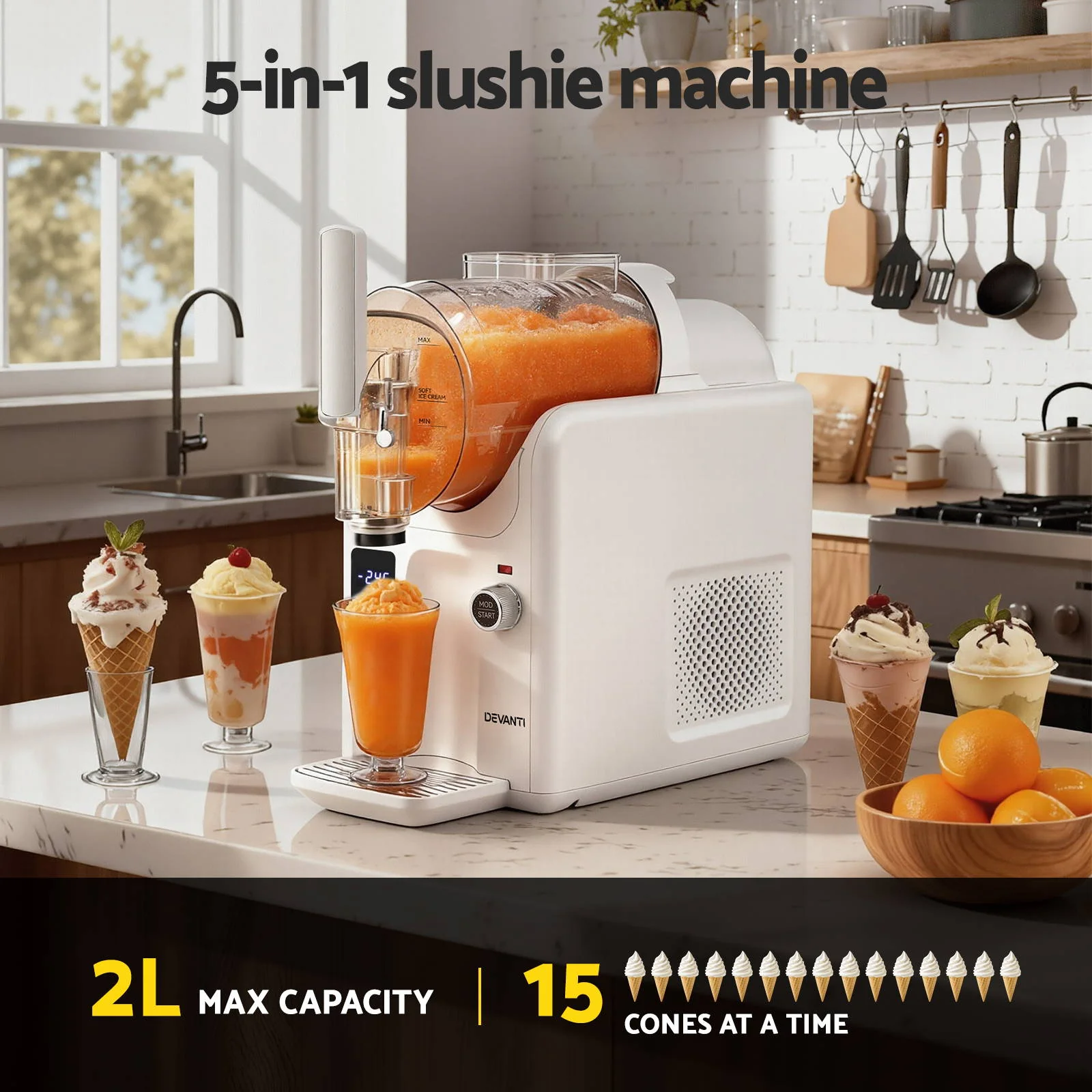 Devanti Slushie Machine Ice Cream Maker 2L (White) - Image 4