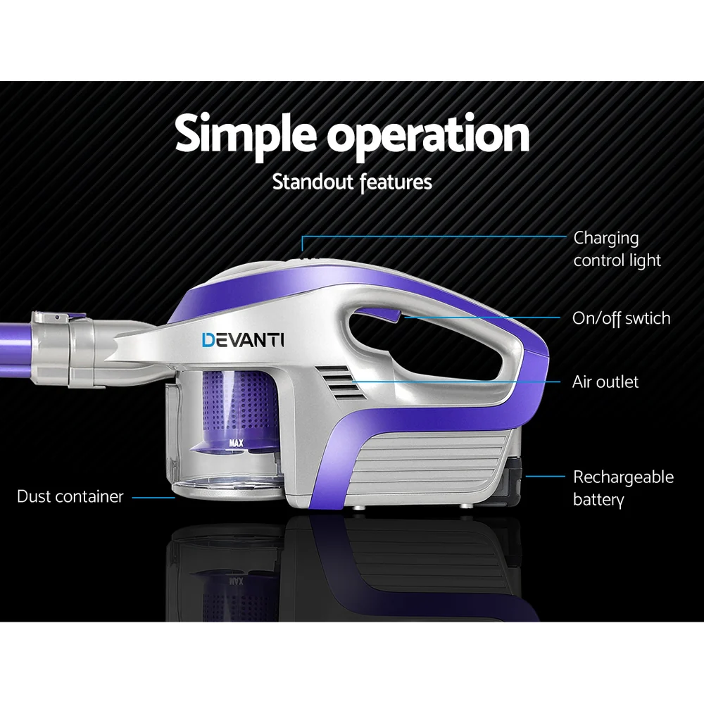 Devanti Stick Vacuum Cleaner Bagless Cordless 150W (Purple) - Image 4