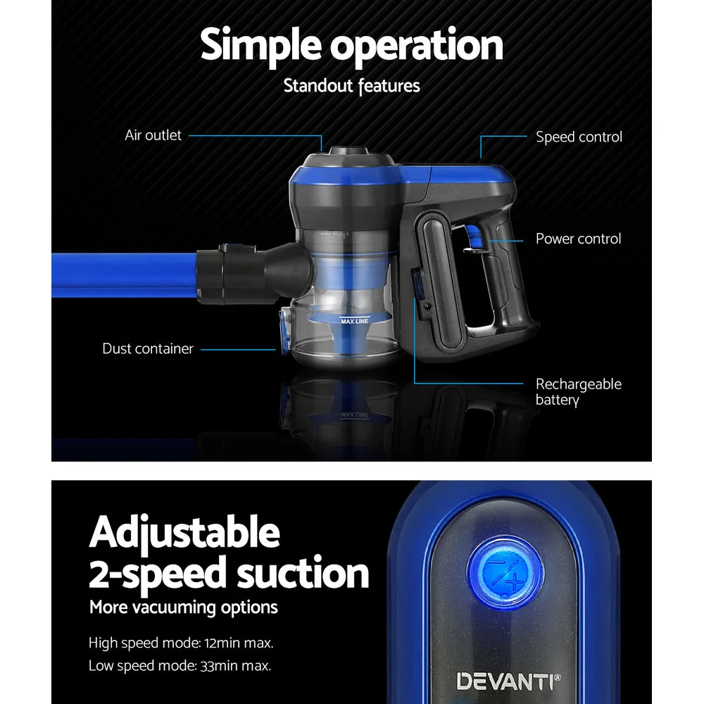 Devanti Stick Vacuum Cleaner Brushless Cordless 250W (Blue) - Image 4