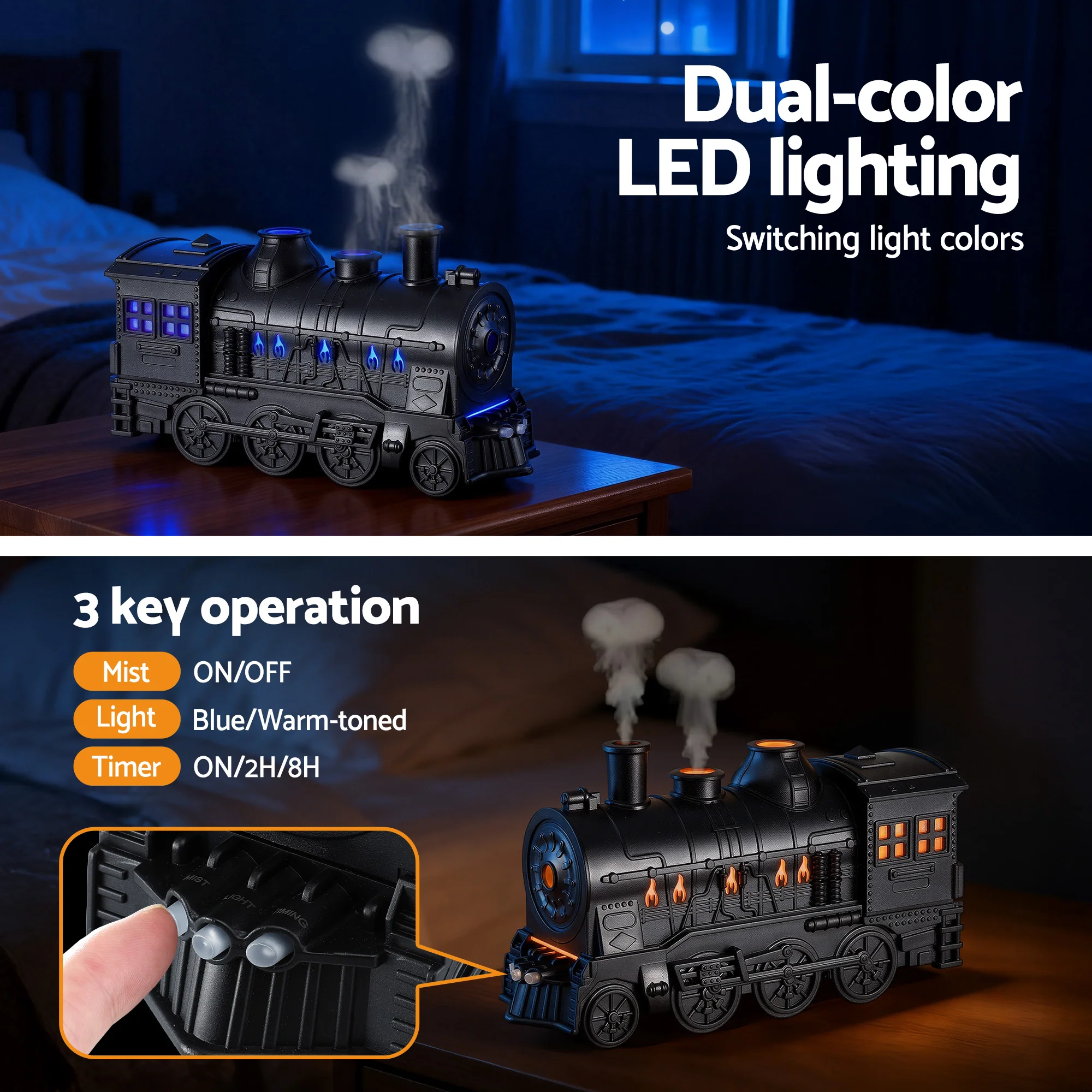 Devanti Train Aroma Diffuser Essential Oil Humidifier 300ml Smoke Ring LED Timer - Image 6