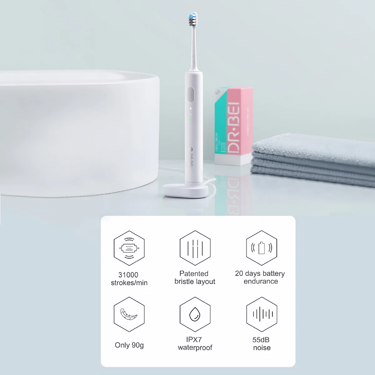 DR.BEI Sonic Electric Toothbrush Rechargeable Portable (White) - Image 2