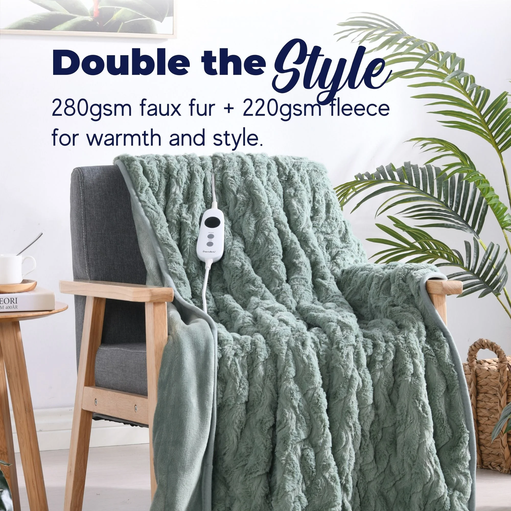 Dreamaker 500gsm Faux Fur Electric Heated Throw Blanket [180x200cm] (Leaf) - Image 3