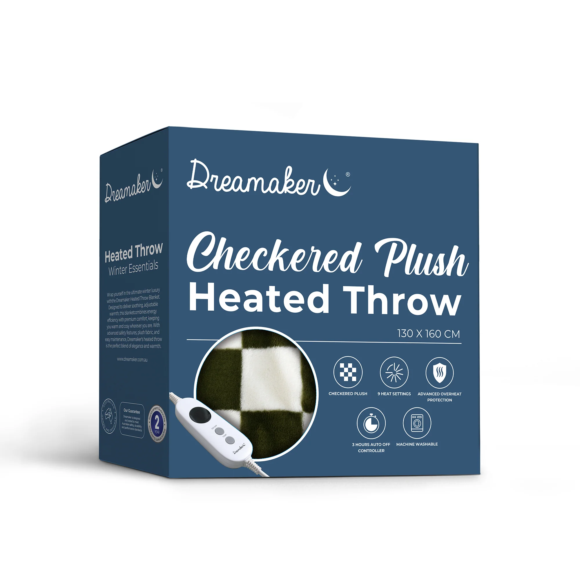 Dreamaker Checkered Plush Electric Heated Throw Blanket [130x160cm] (Olive/Cream) - Image 8