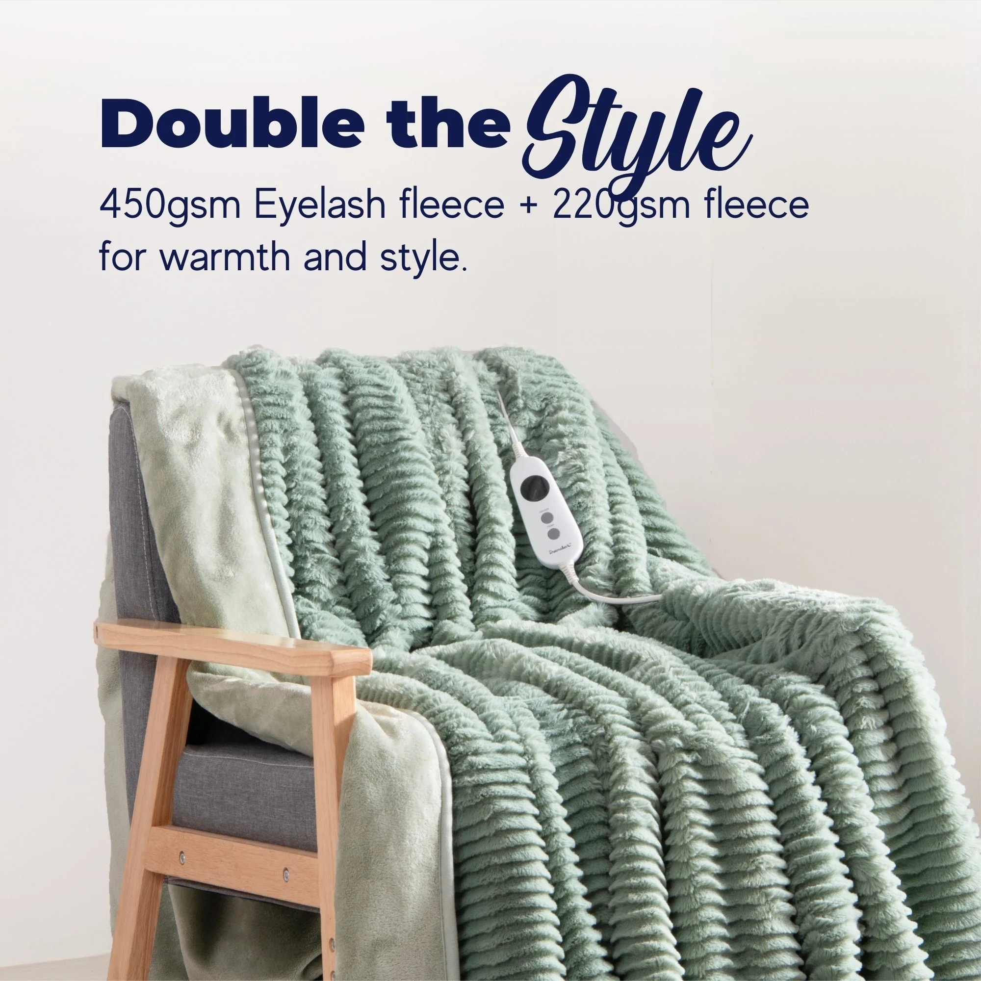 Dreamaker Eyelash Fleece Reversible Electric Heated Throw Blanket [180x200cm] (Faded Green/Sage) - Image 3