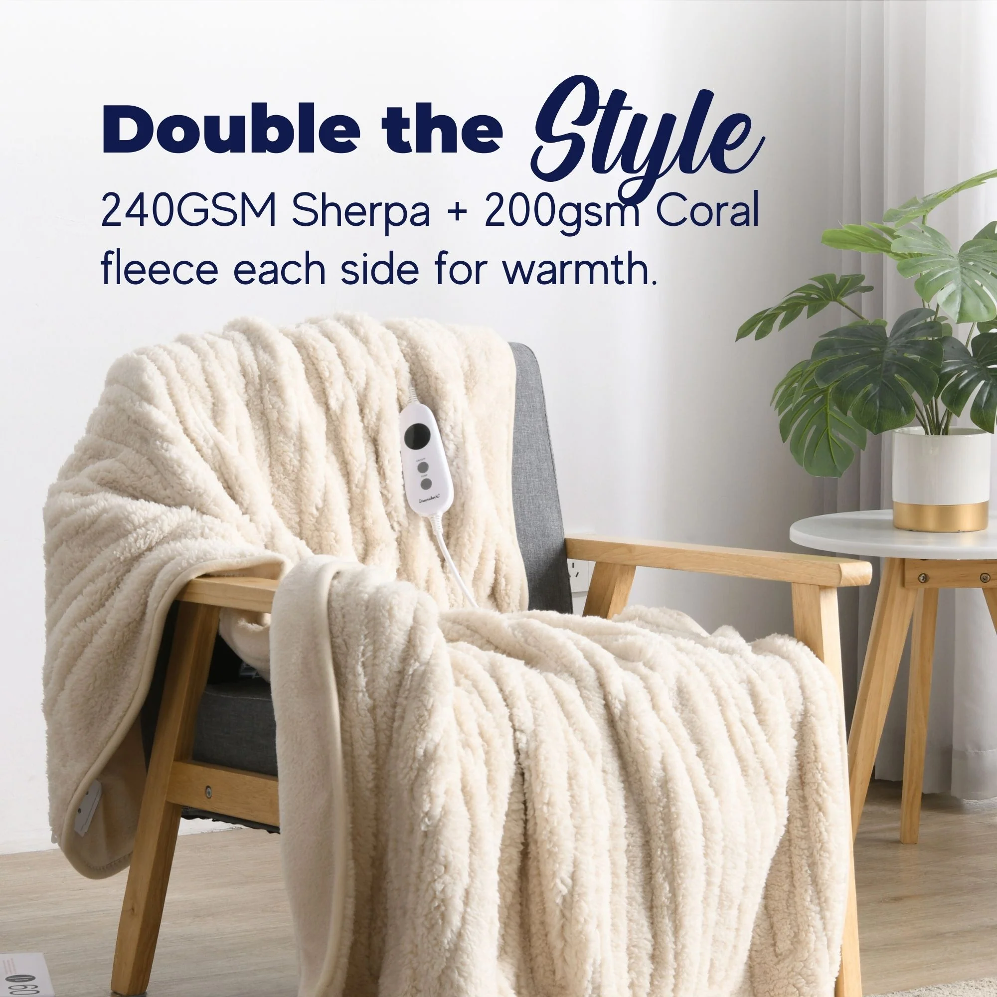 Dreamaker Reversible Sherpa & Coral Fleece Electric Heated Throw Blanket [180x200cm] (Cream) - Image 3