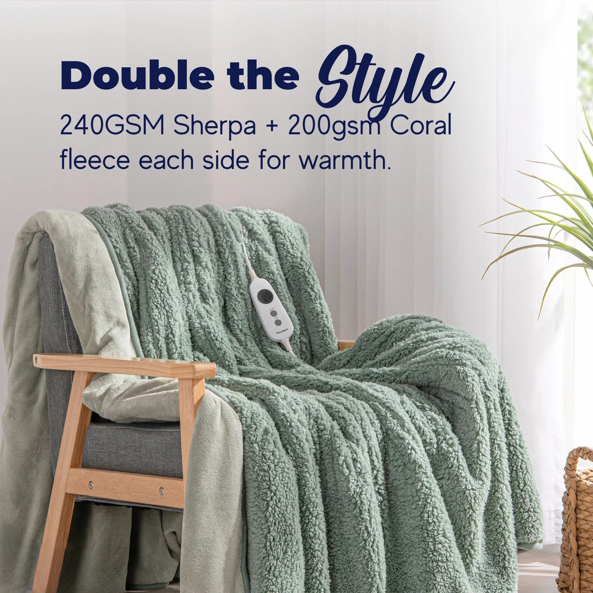 Dreamaker Reversible Sherpa & Coral Fleece Electric Heated Throw Blanket [180x200cm] (Olive/Sage) - Image 3